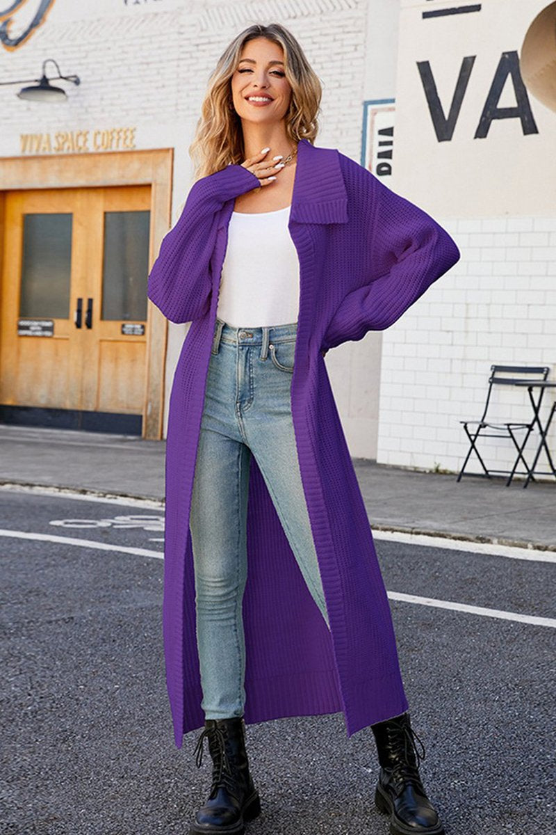 WOMEN WAFFLE KNIT LAPEL LONG LENGTH CARDIGAN