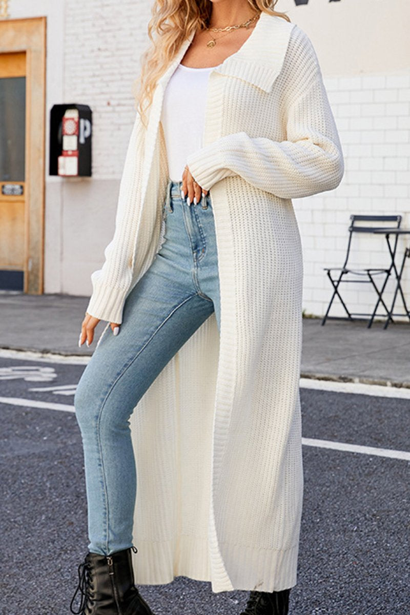 WOMEN WAFFLE KNIT LAPEL LONG LENGTH CARDIGAN