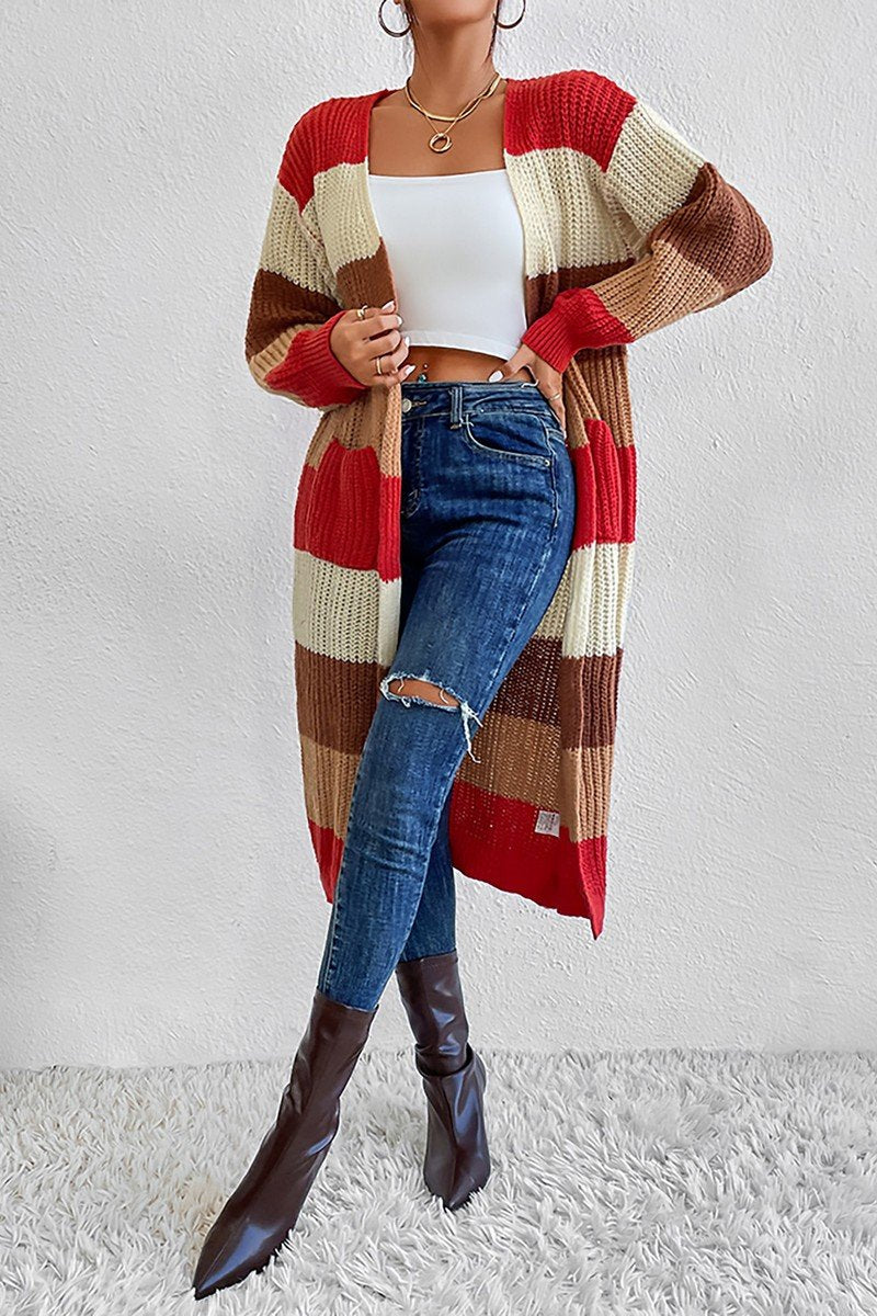WOMEN COLOR BLOCKED LONG LENGTH KNIT CARDIGAN