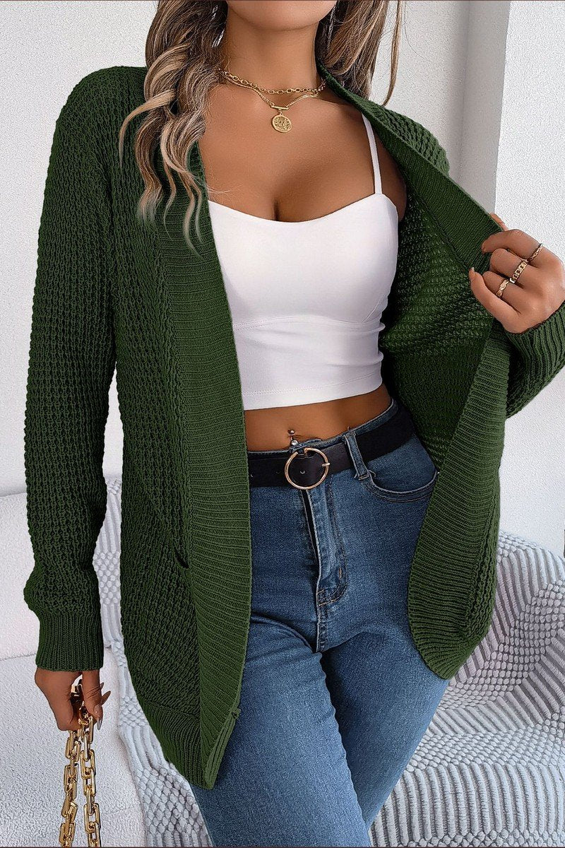 WOMEN CHUNKY WAFFLE KNIT OPEN FRONT CARDIGAN