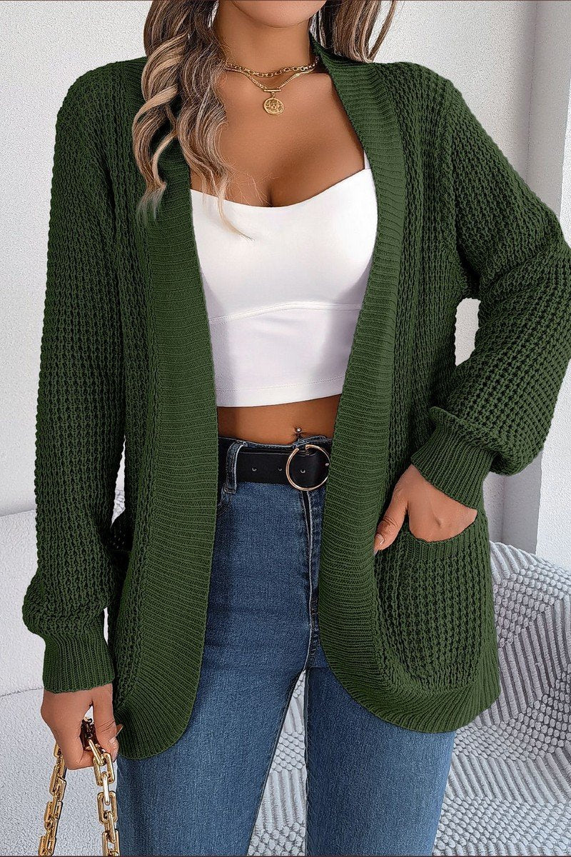 WOMEN CHUNKY WAFFLE KNIT OPEN FRONT CARDIGAN