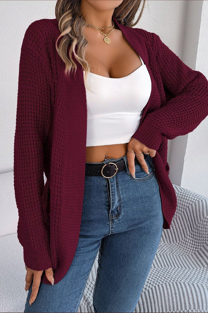 WOMEN CHUNKY WAFFLE KNIT OPEN FRONT CARDIGAN