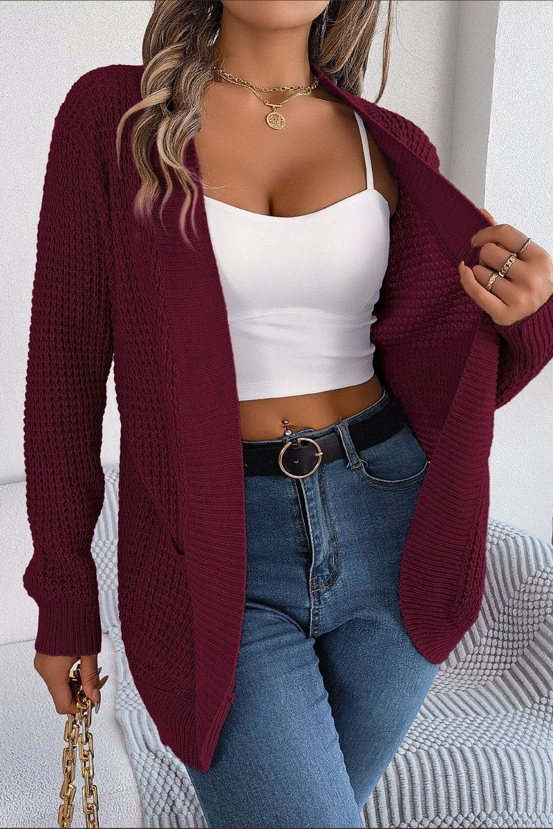 WOMEN CHUNKY WAFFLE KNIT OPEN FRONT CARDIGAN