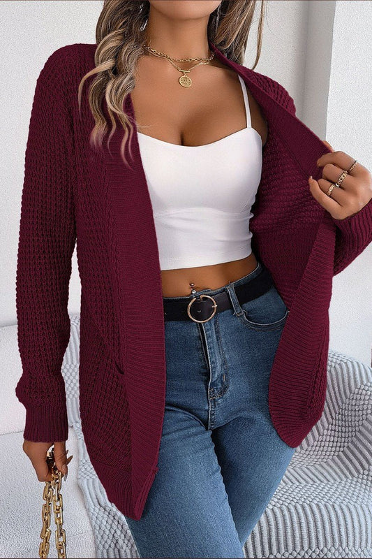 WOMEN CHUNKY WAFFLE KNIT OPEN FRONT CARDIGAN