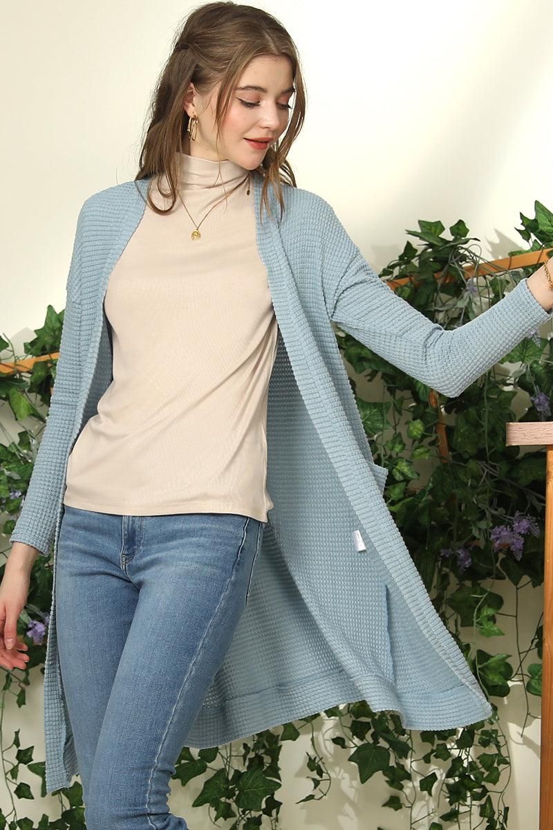 WAFFLE KNIT CARDIGAN WITH POCKETS - Doublju