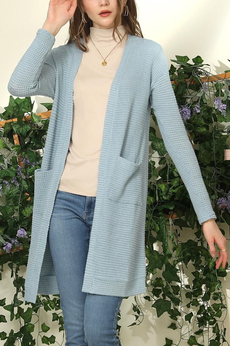 WAFFLE KNIT CARDIGAN WITH POCKETS - Doublju