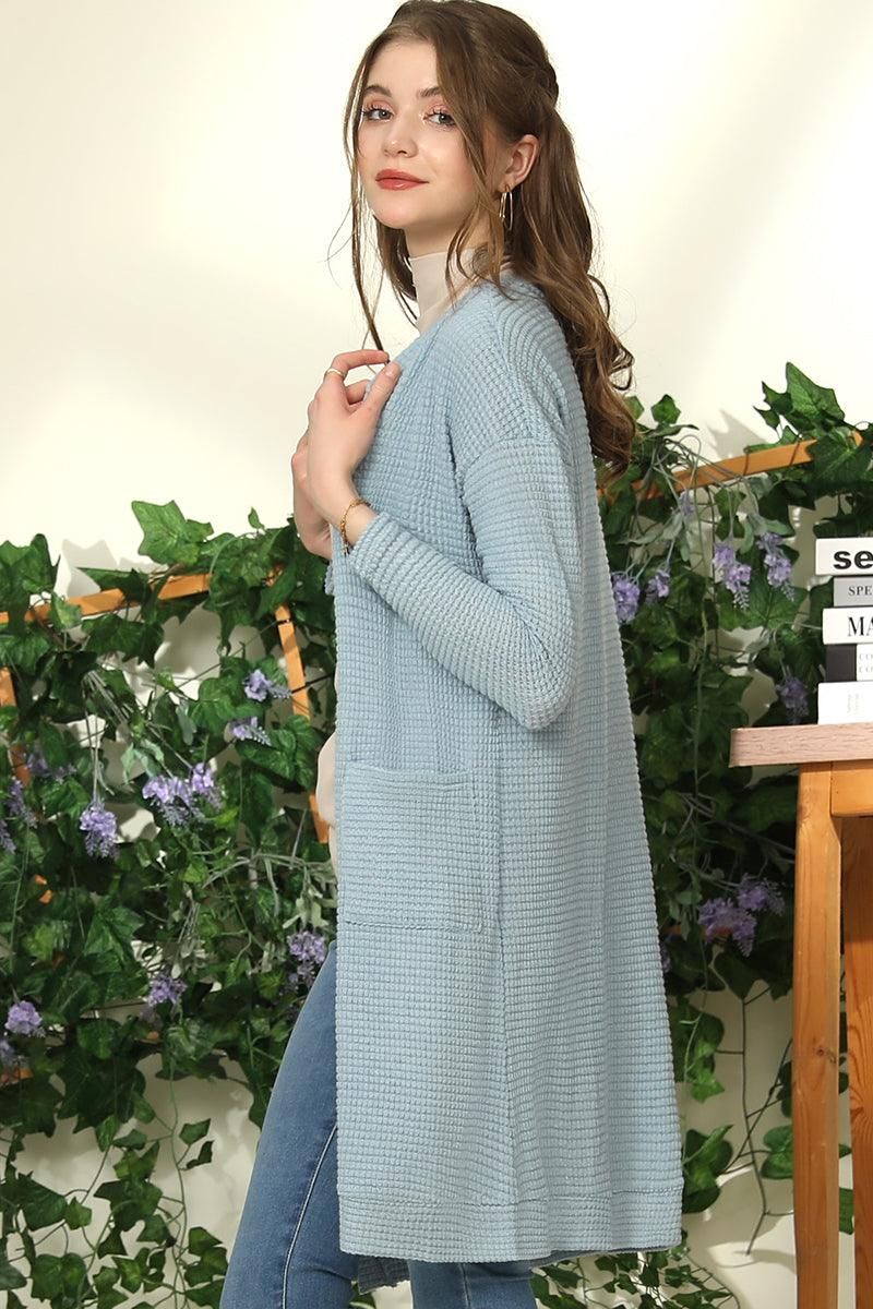 WAFFLE KNIT CARDIGAN WITH POCKETS - Doublju