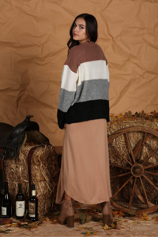 V NECK BUTTON DOWN COLOR BLOCK WARM CARDIGAN - Doublju