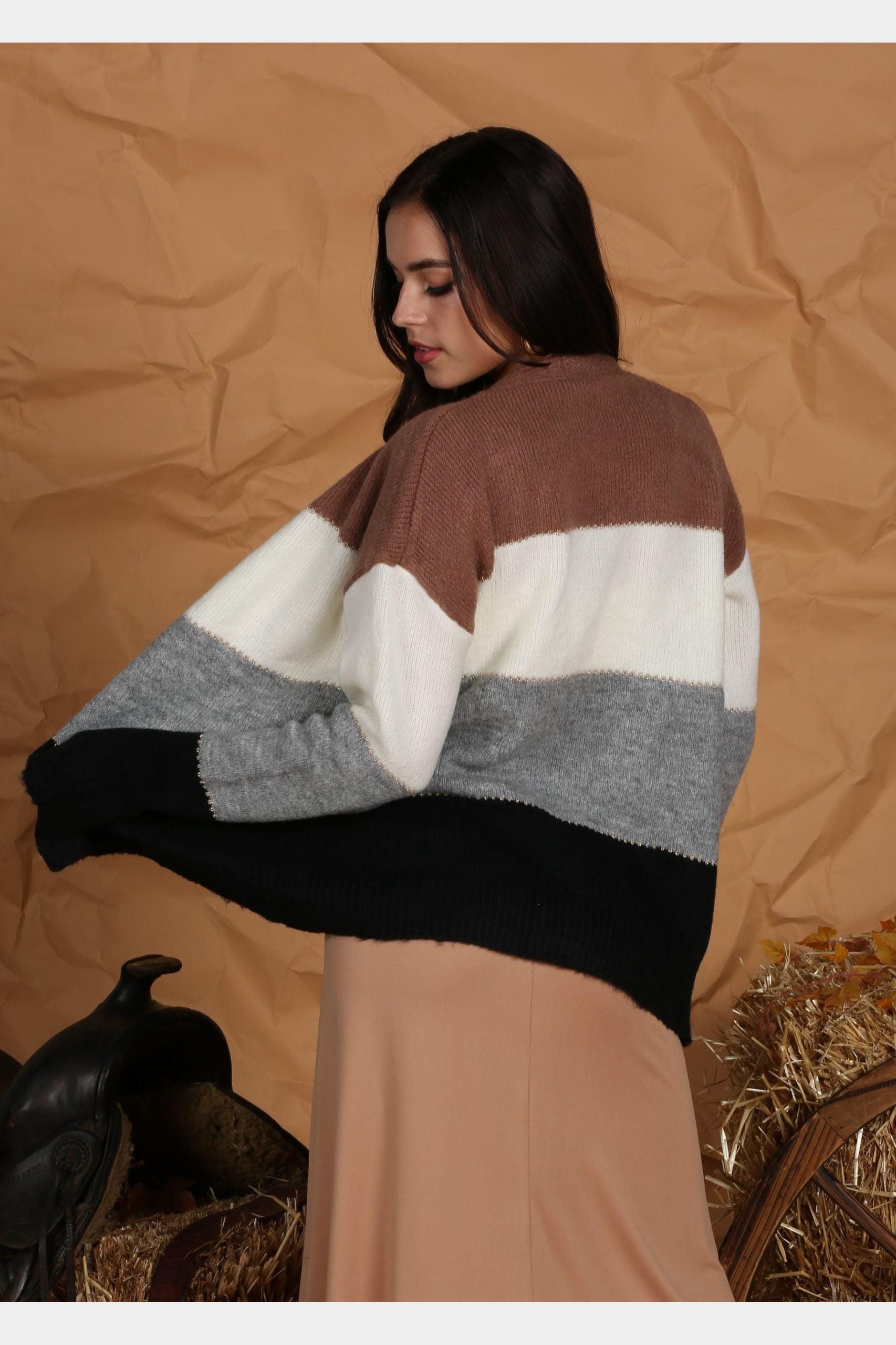 V NECK BUTTON DOWN COLOR BLOCK WARM CARDIGAN - Doublju