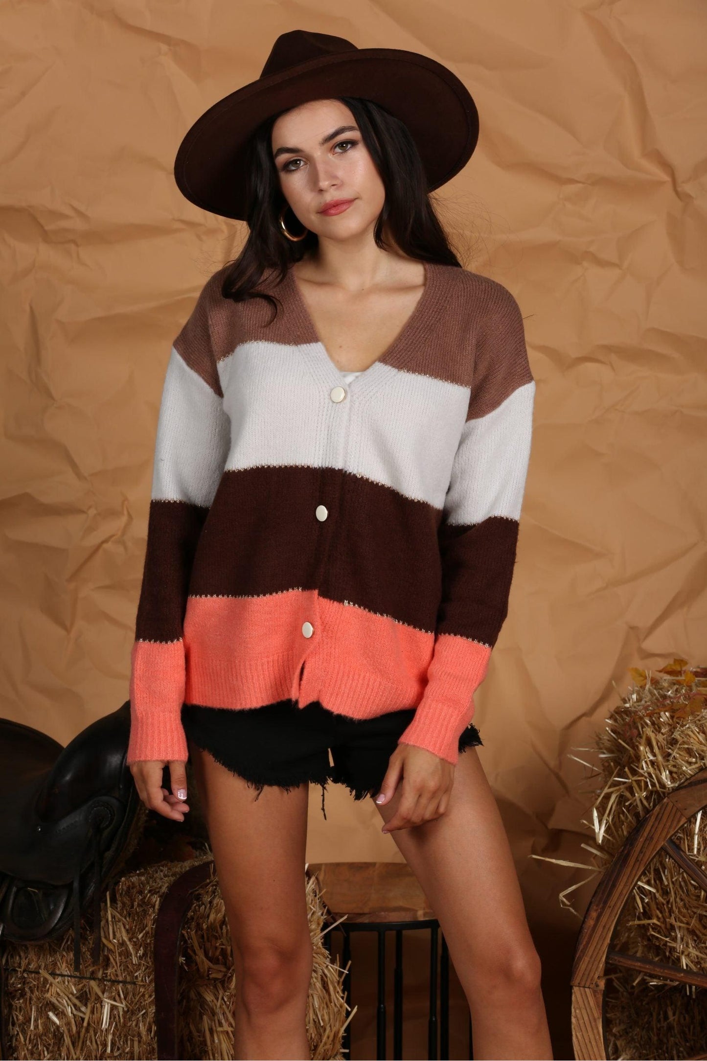 V NECK BUTTON DOWN COLOR BLOCK WARM CARDIGAN - Doublju