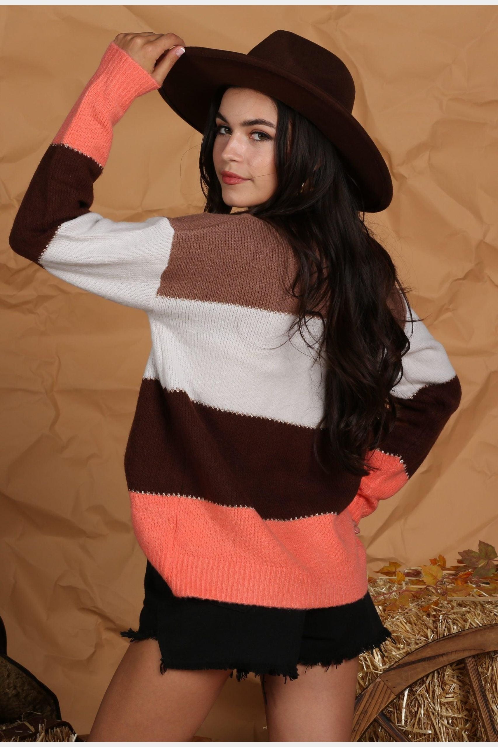 V NECK BUTTON DOWN COLOR BLOCK WARM CARDIGAN - Doublju