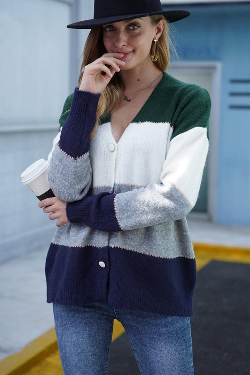 V NECK BUTTON DOWN COLOR BLOCK WARM CARDIGAN - Doublju