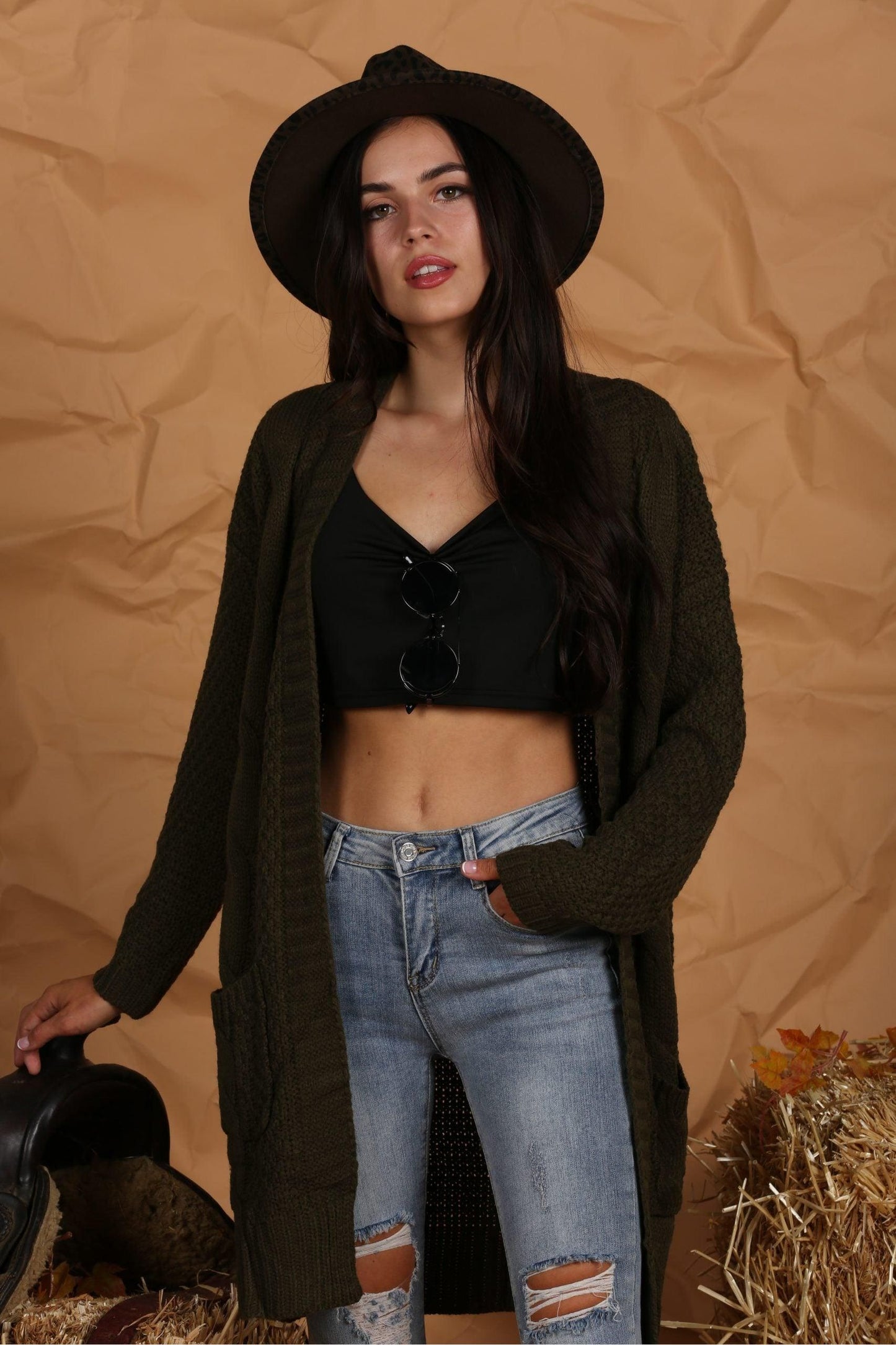 OPEN FRONT WAFFLE KNITTED LONG CARDIGAN - Doublju