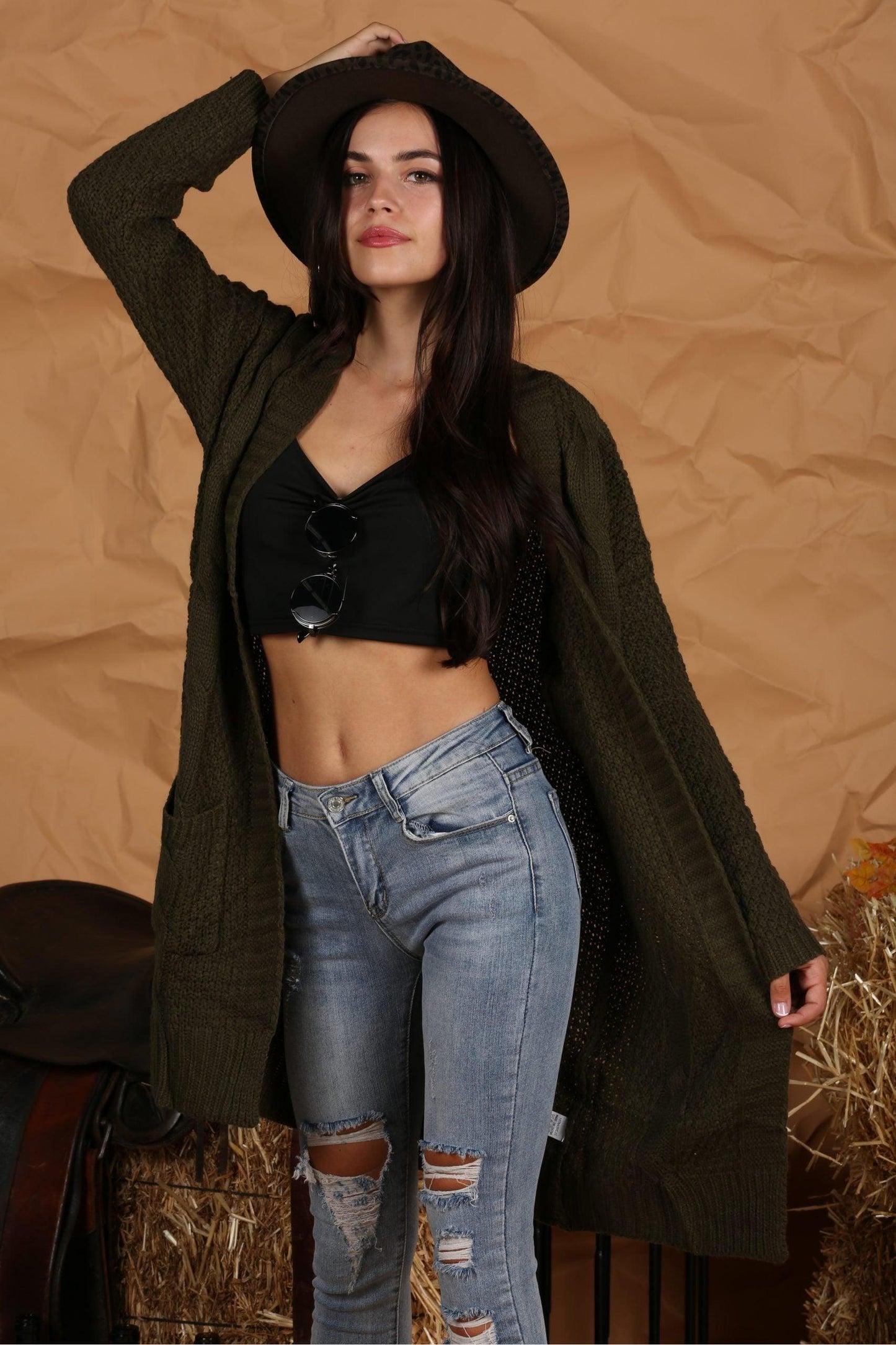 OPEN FRONT WAFFLE KNITTED LONG CARDIGAN - Doublju