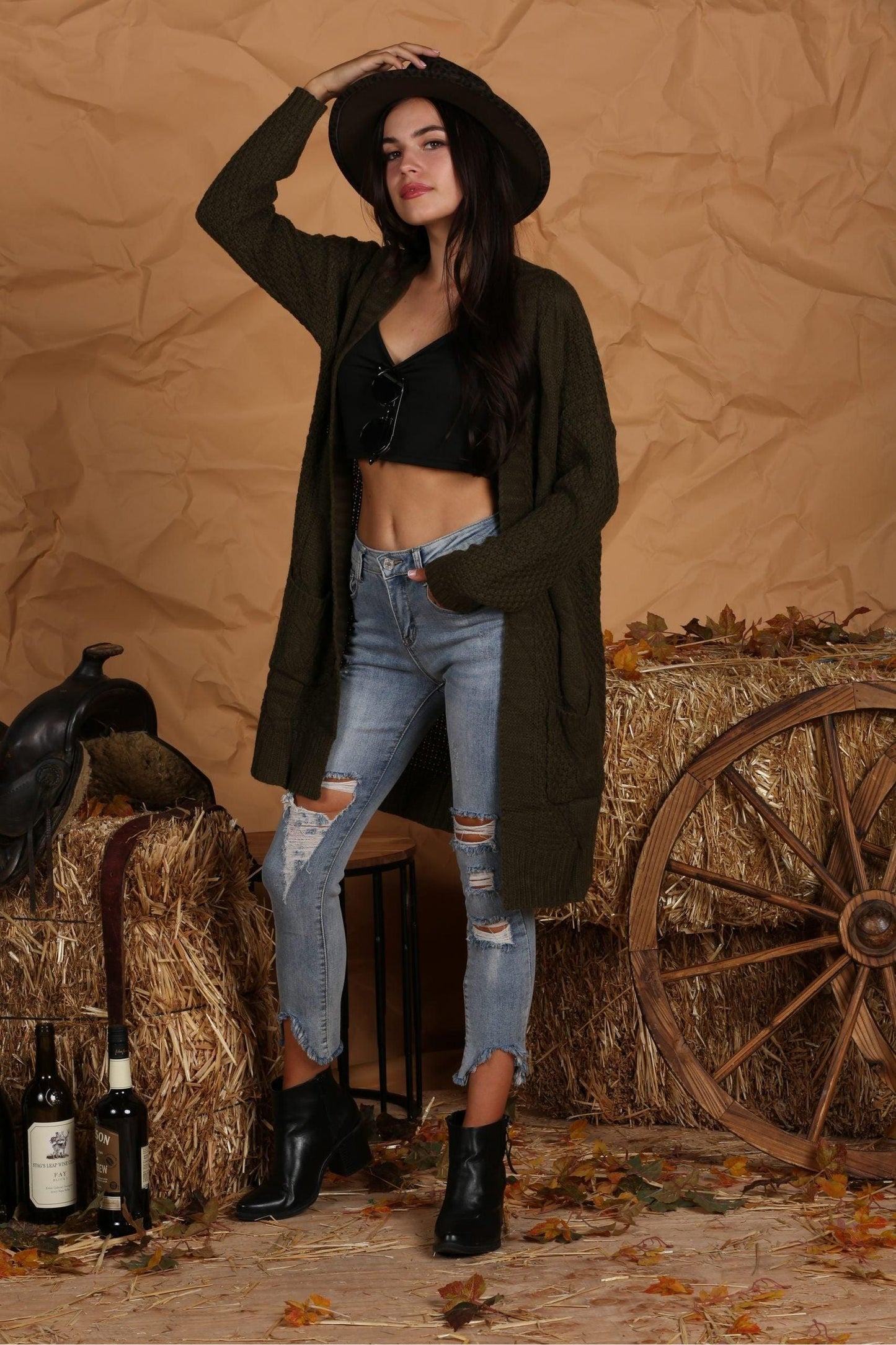 OPEN FRONT WAFFLE KNITTED LONG CARDIGAN - Doublju