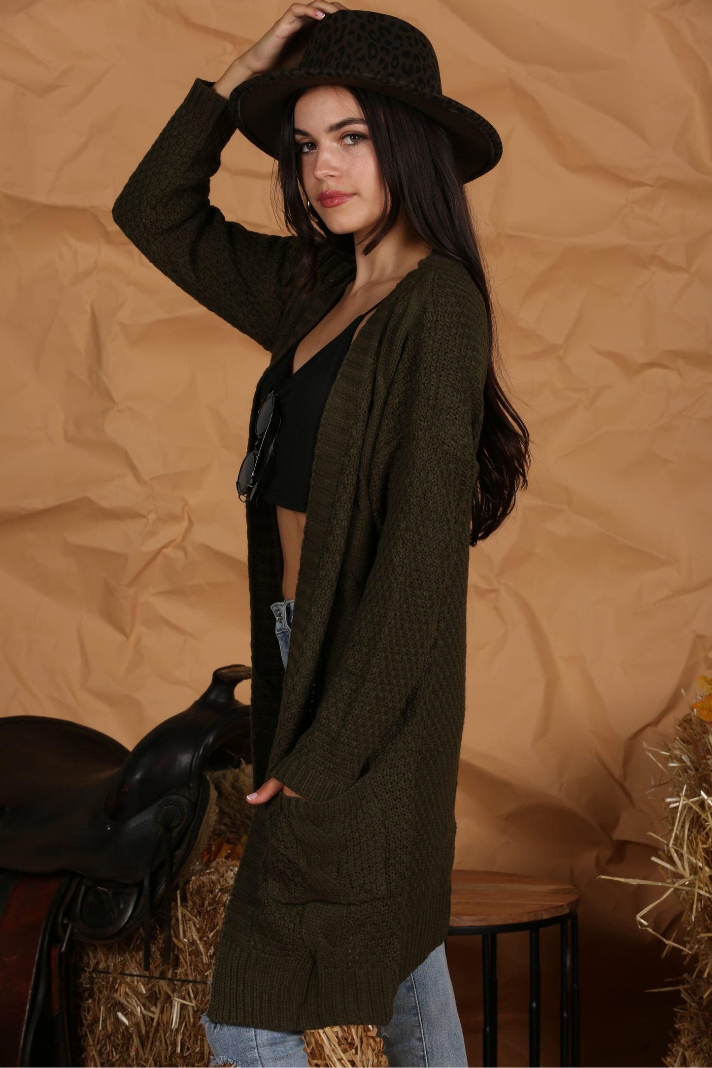 OPEN FRONT WAFFLE KNITTED LONG CARDIGAN - Doublju