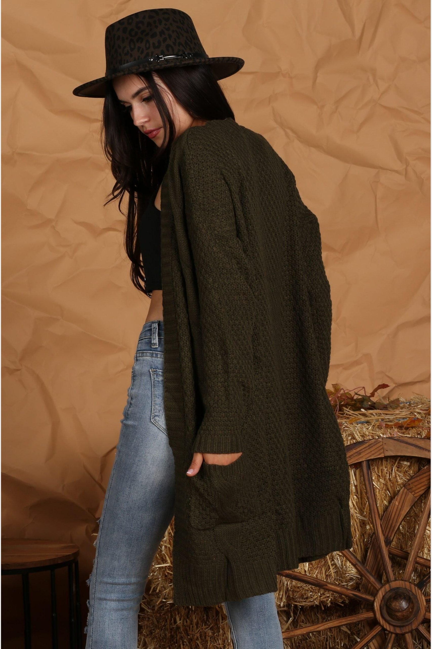 OPEN FRONT WAFFLE KNITTED LONG CARDIGAN - Doublju