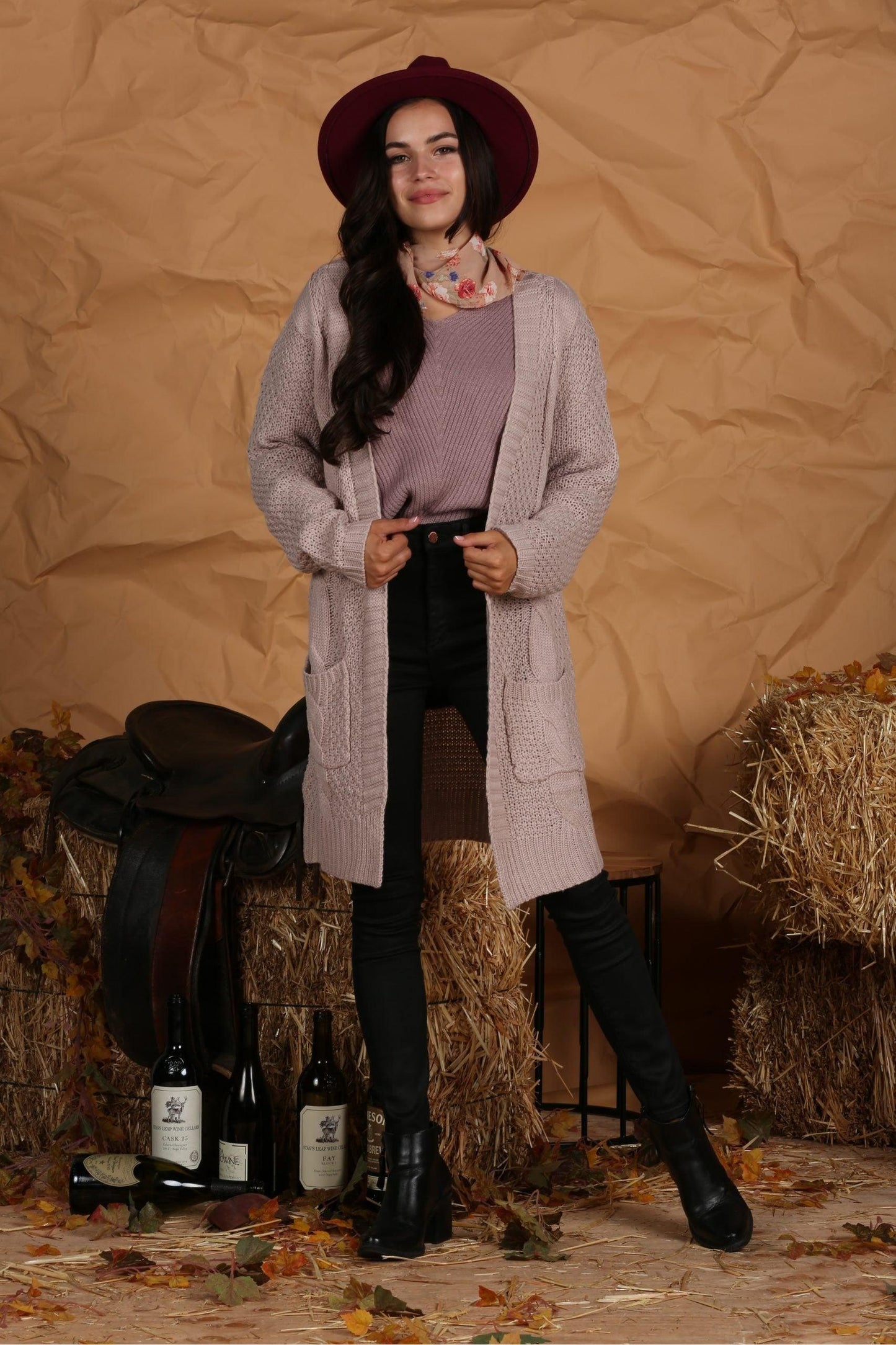 OPEN FRONT WAFFLE KNITTED LONG CARDIGAN - Doublju