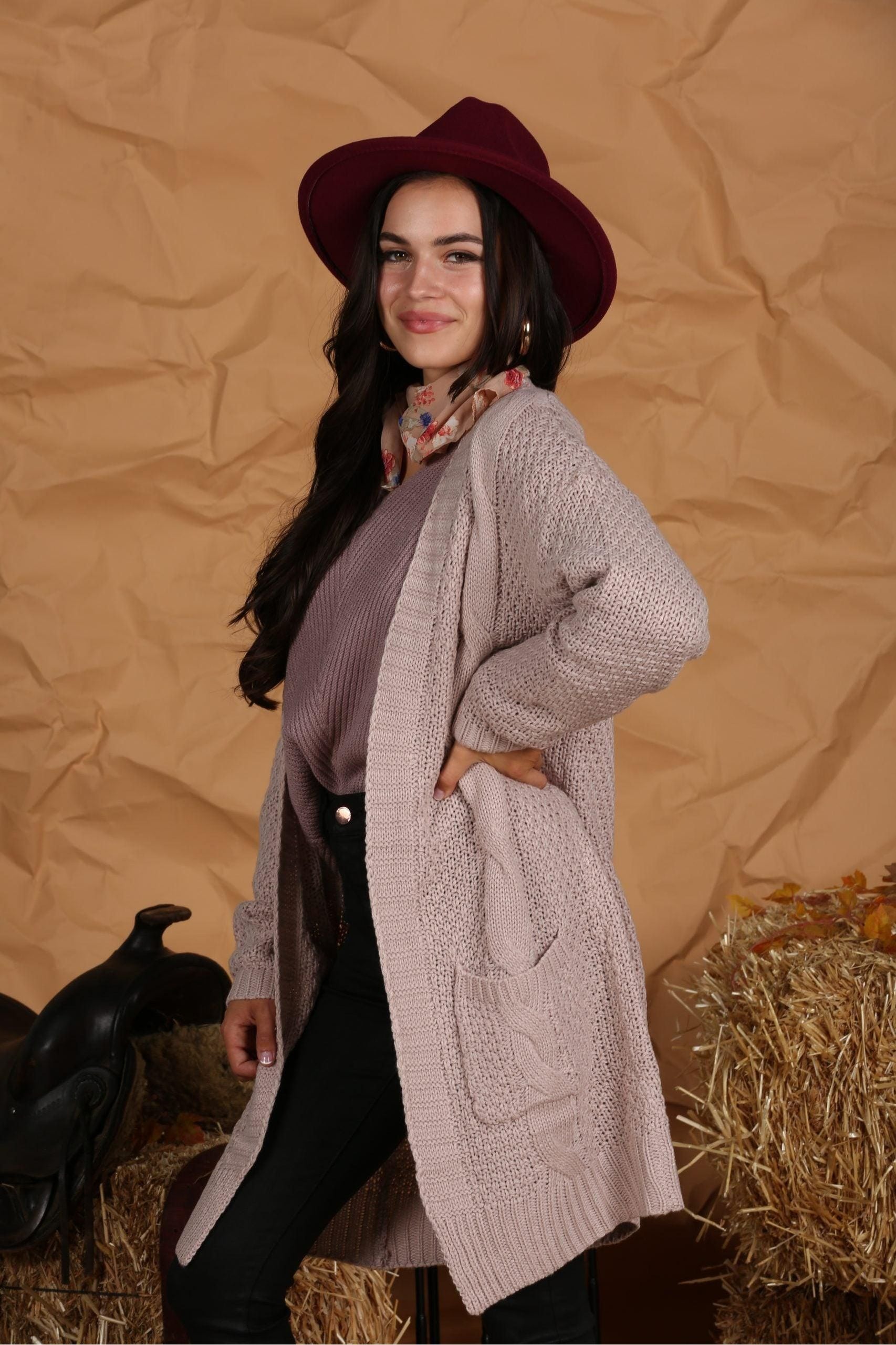 OPEN FRONT WAFFLE KNITTED LONG CARDIGAN - Doublju