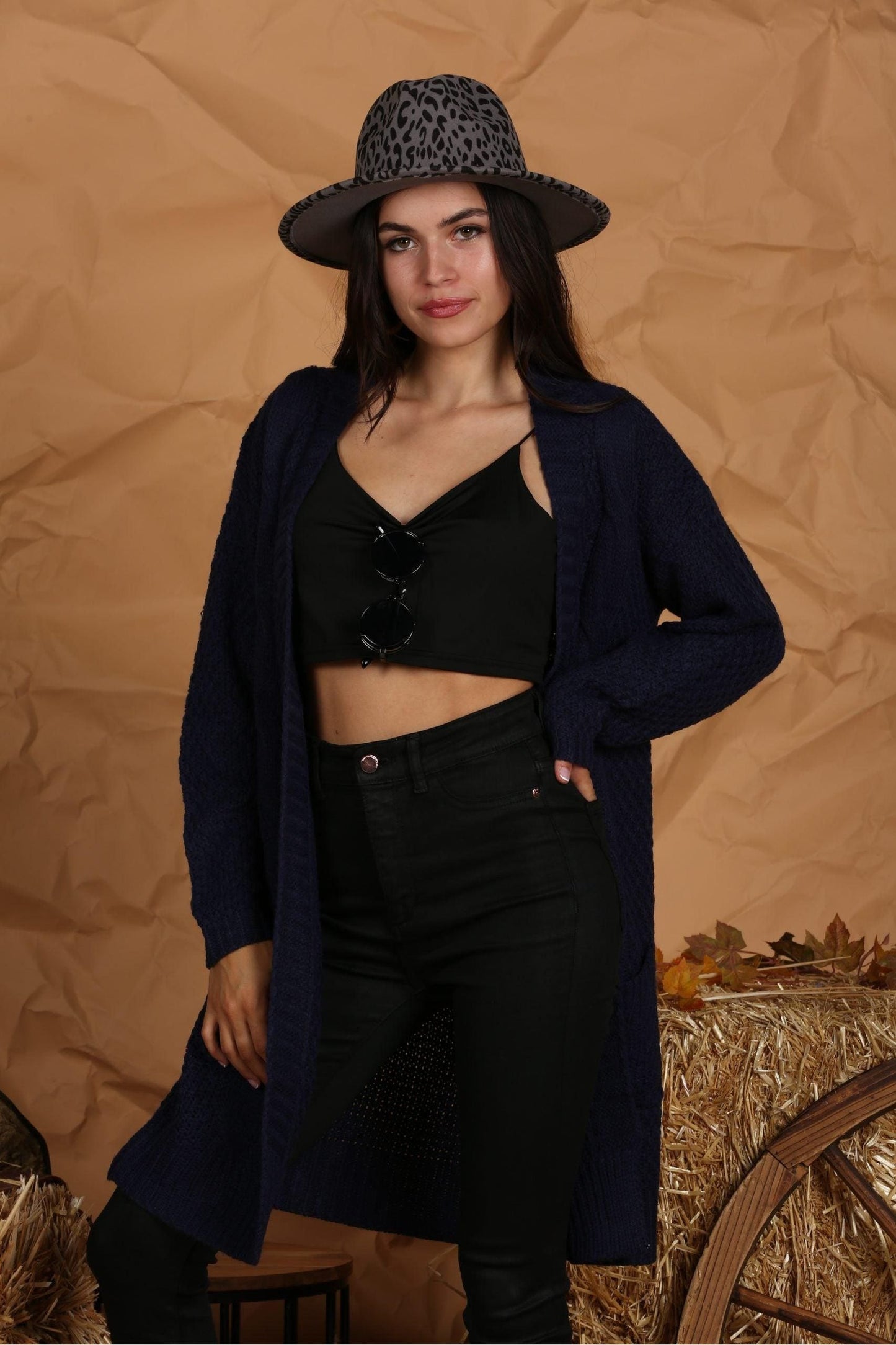 OPEN FRONT WAFFLE KNITTED LONG CARDIGAN - Doublju