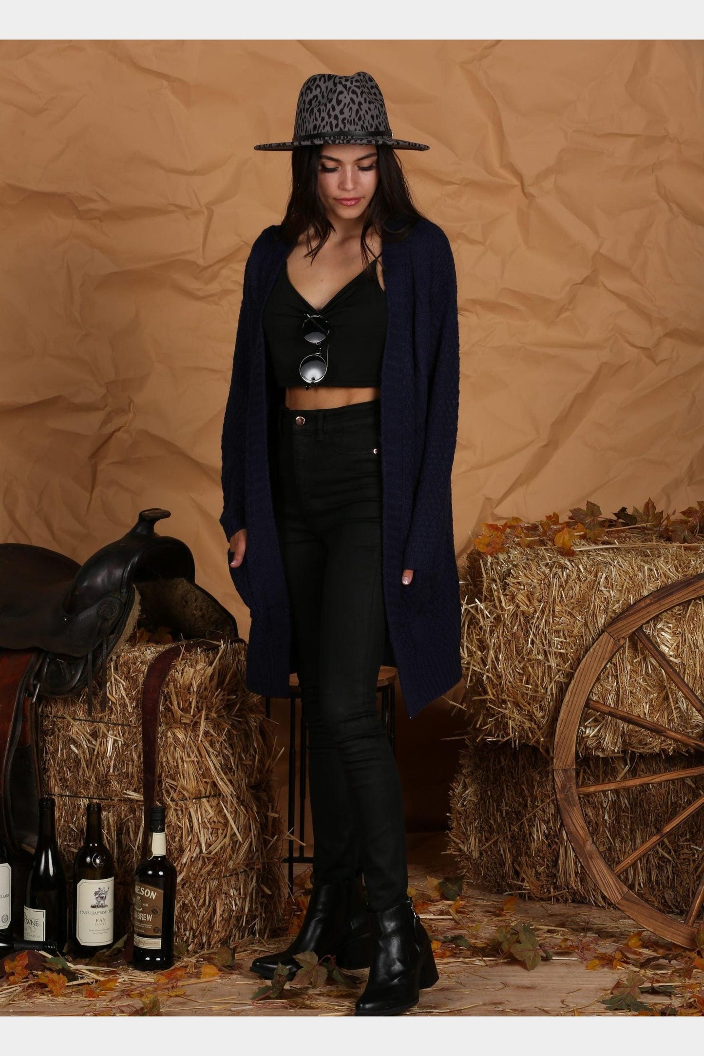 OPEN FRONT WAFFLE KNITTED LONG CARDIGAN - Doublju