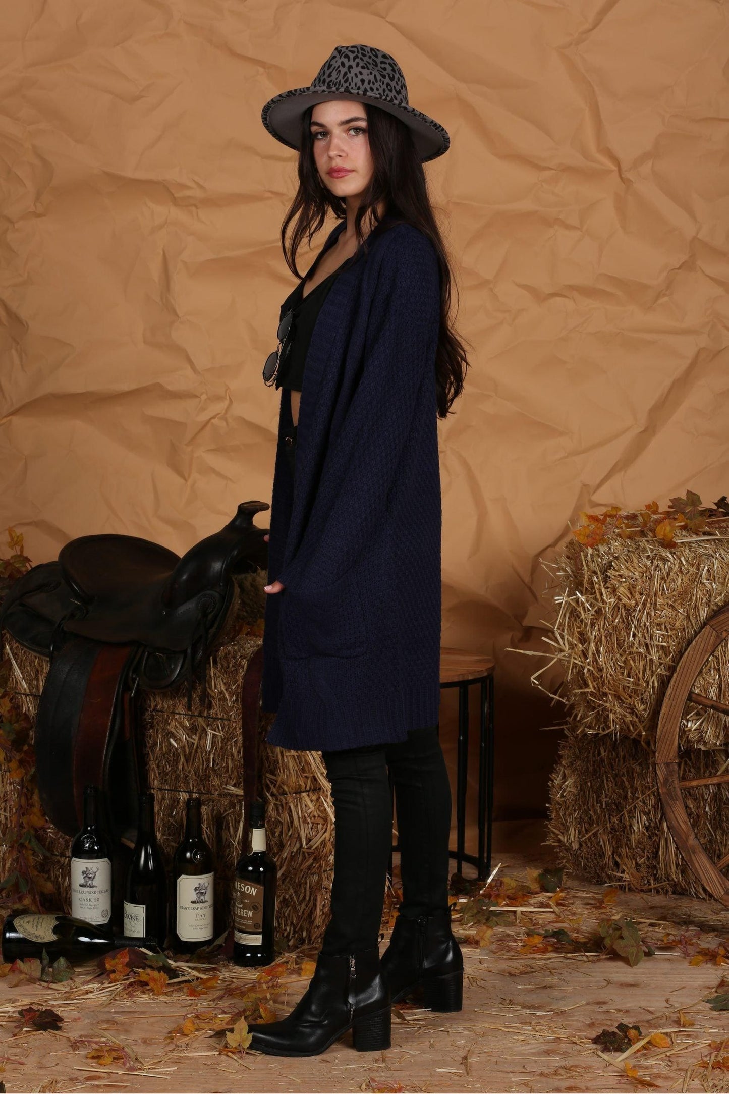 OPEN FRONT WAFFLE KNITTED LONG CARDIGAN - Doublju