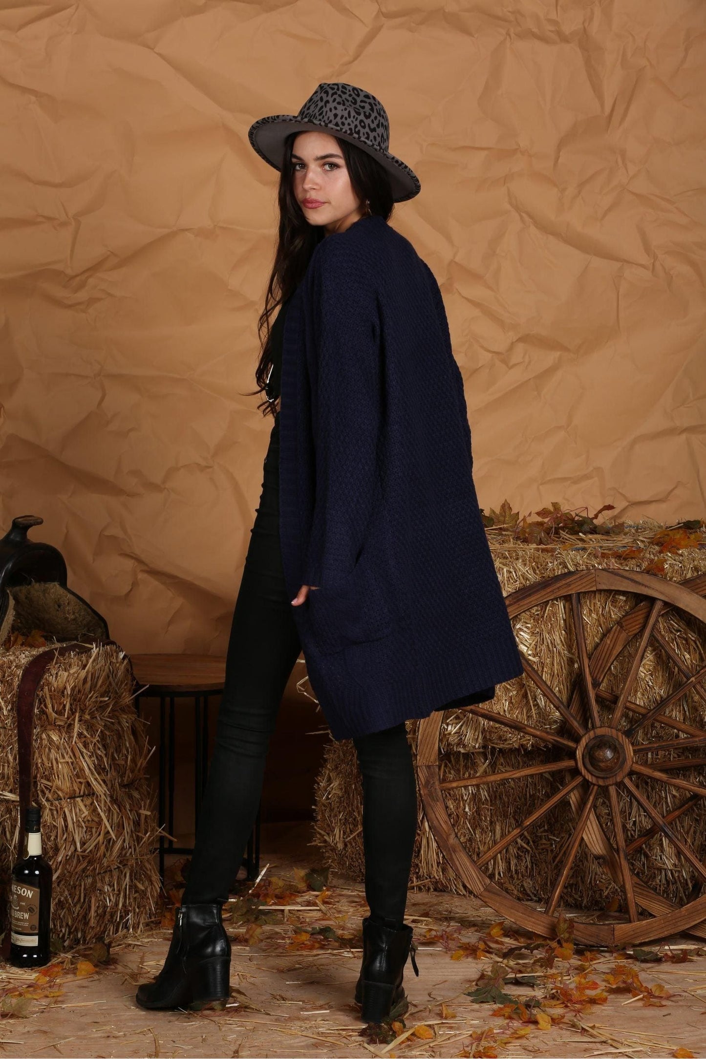 OPEN FRONT WAFFLE KNITTED LONG CARDIGAN - Doublju