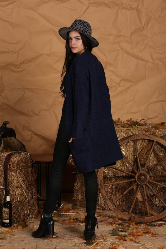 OPEN FRONT WAFFLE KNITTED LONG CARDIGAN - Doublju
