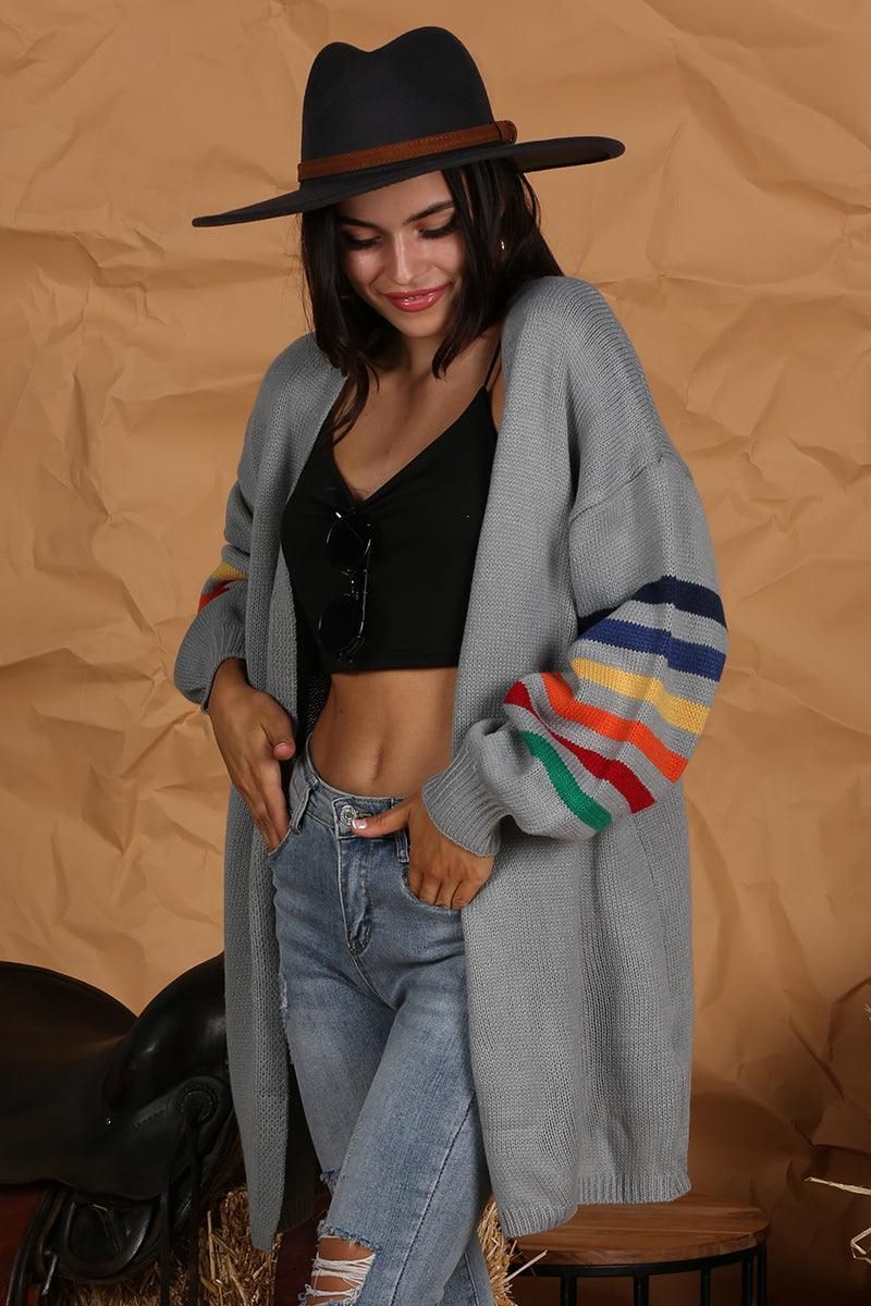 OPEN FRONT COLORED SLEEVE KNIT CARDIGAN - Doublju