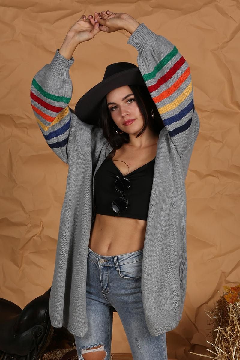 OPEN FRONT COLORED SLEEVE KNIT CARDIGAN - Doublju
