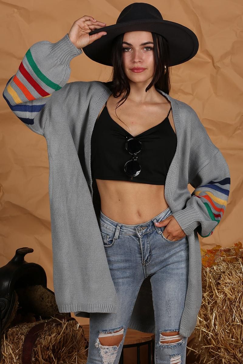 OPEN FRONT COLORED SLEEVE KNIT CARDIGAN - Doublju