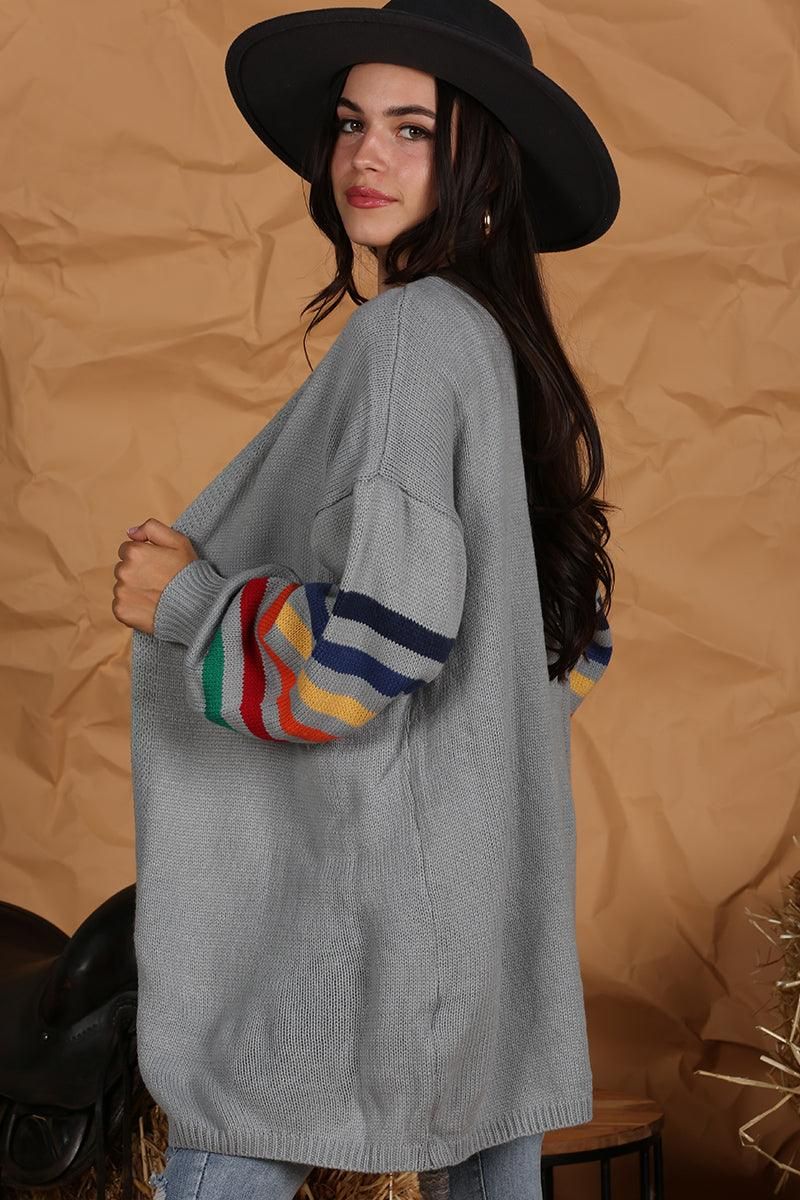 OPEN FRONT COLORED SLEEVE KNIT CARDIGAN - Doublju