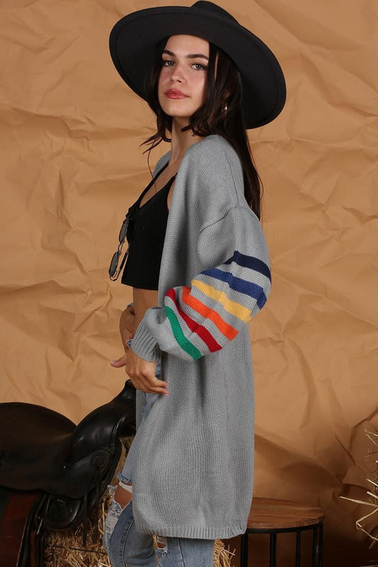 OPEN FRONT COLORED SLEEVE KNIT CARDIGAN - Doublju