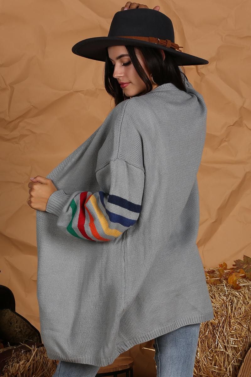 OPEN FRONT COLORED SLEEVE KNIT CARDIGAN - Doublju