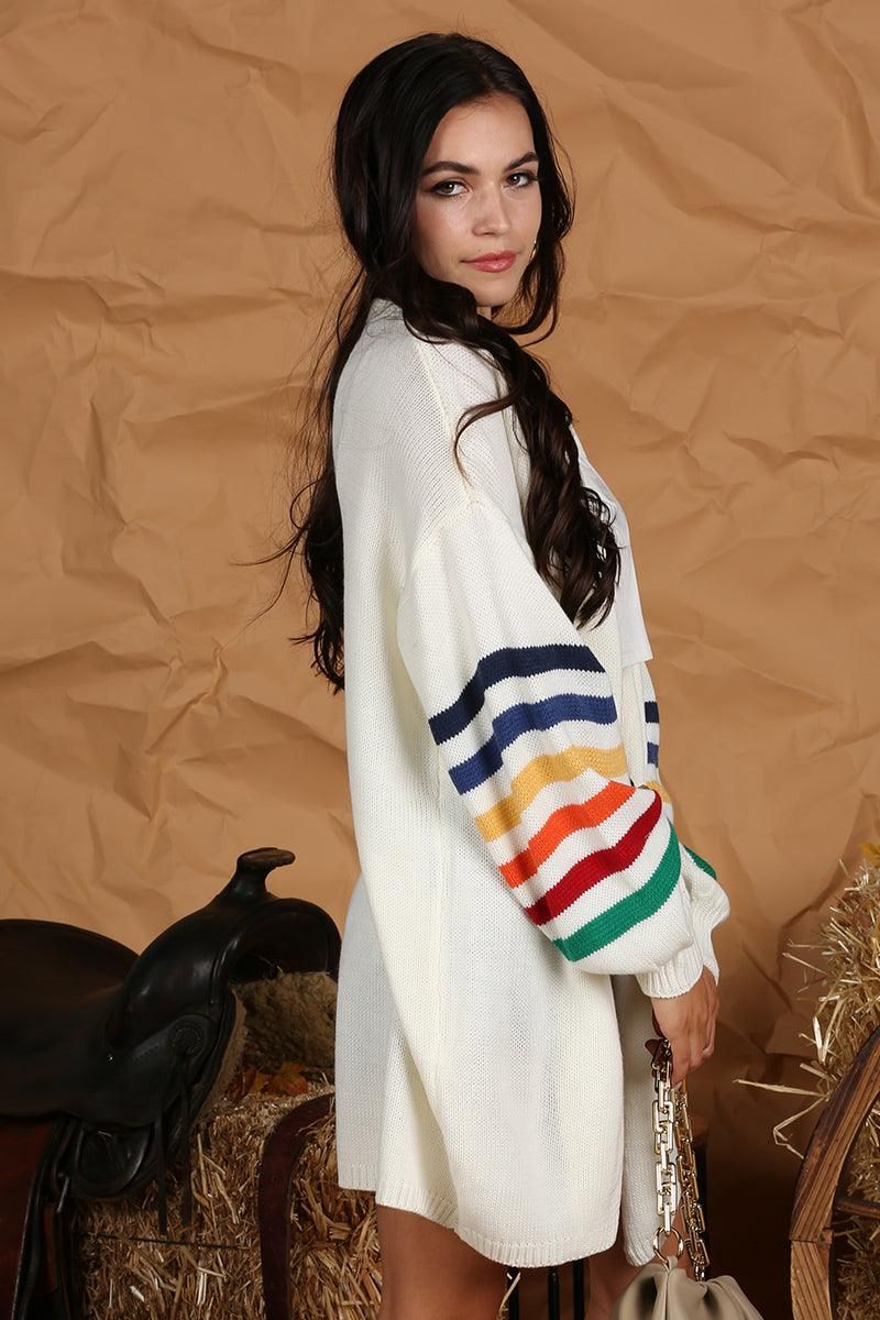 OPEN FRONT COLORED SLEEVE KNIT CARDIGAN - Doublju