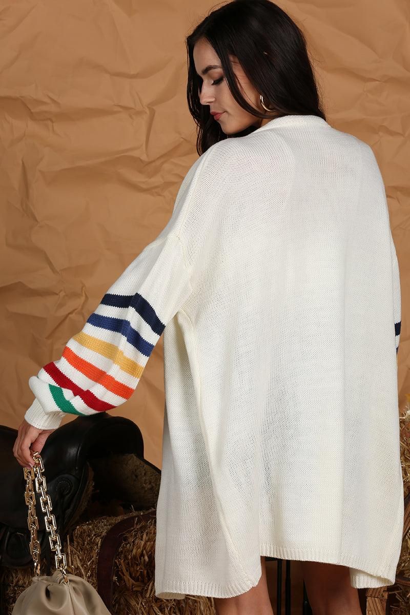 OPEN FRONT COLORED SLEEVE KNIT CARDIGAN - Doublju