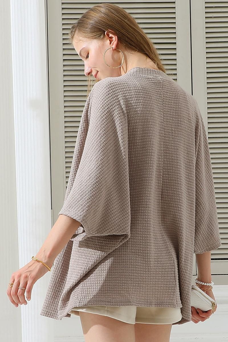 BATWING SLEEVE WAFFLE SWEATER KNIT CARDIGAN - Doublju