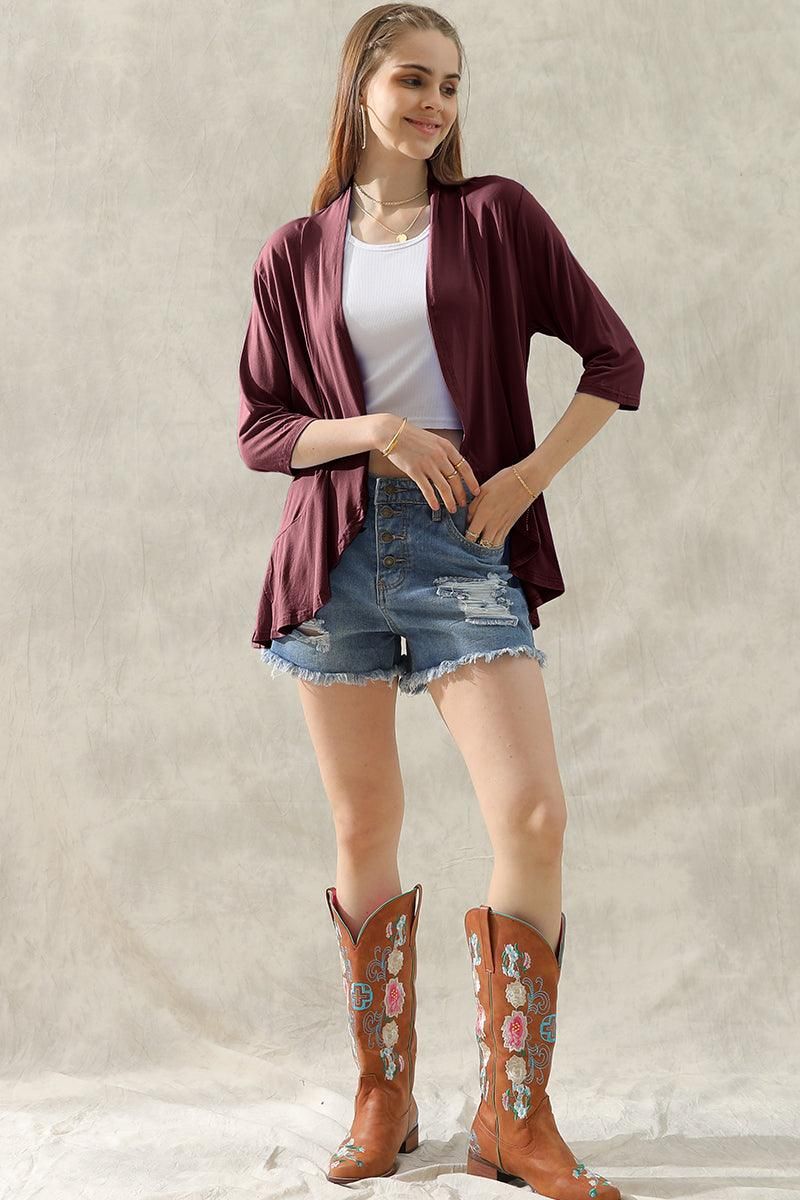 QUARTER SLEEVE RUFFLED FRONT OPEN CARDIGAN - Doublju