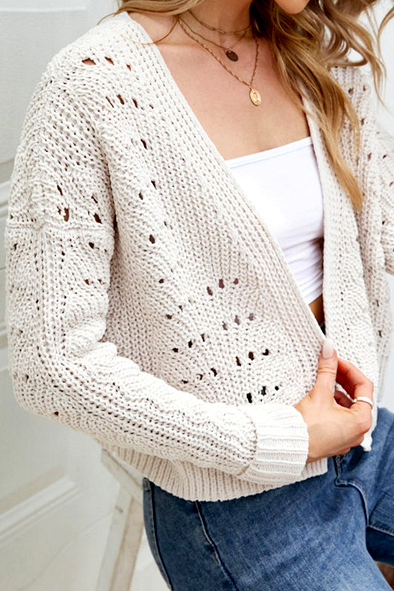 WOMEN EYELET KNITTED OPEN FRONT SHORT CARDIGAN