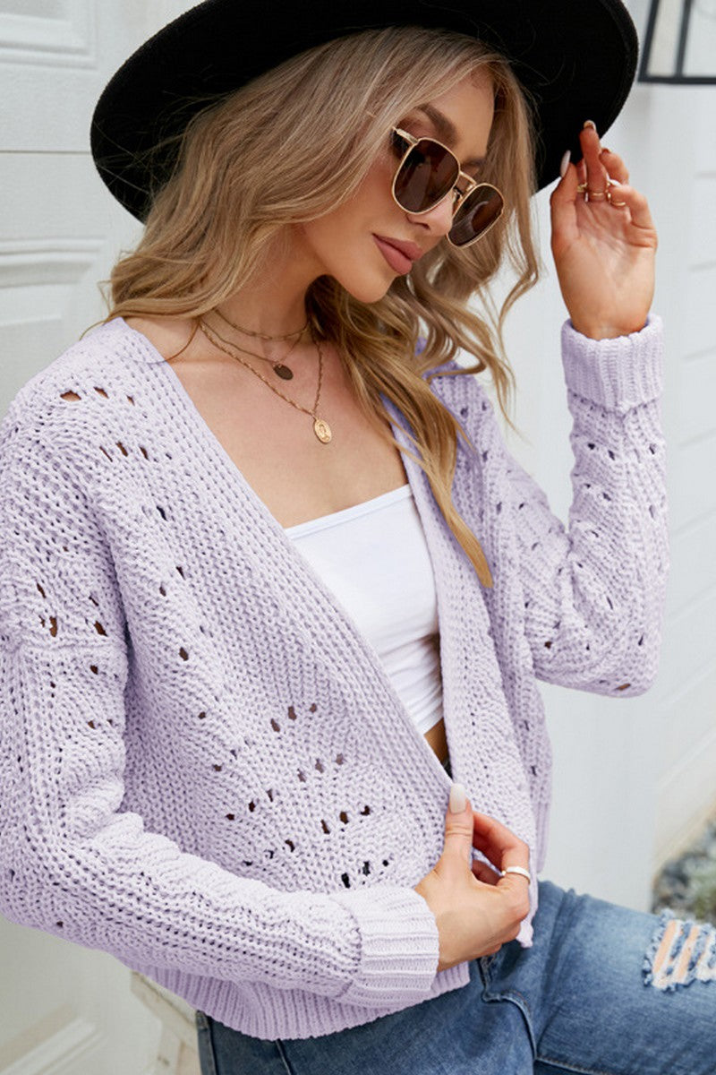 WOMEN EYELET KNITTED OPEN FRONT SHORT CARDIGAN