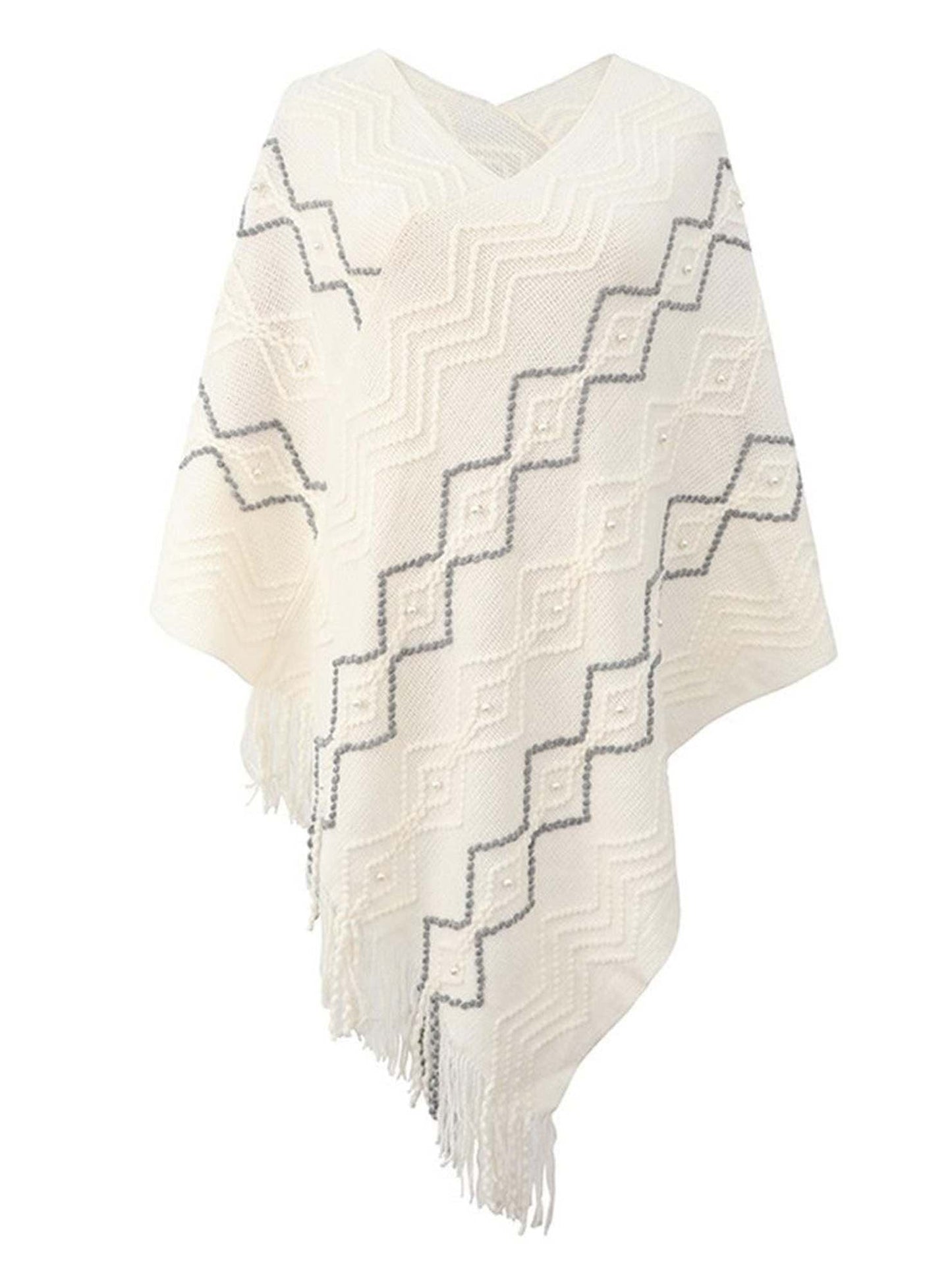WAVE STRIPED CLOAK FRINGED SHAWL COAT - Doublju