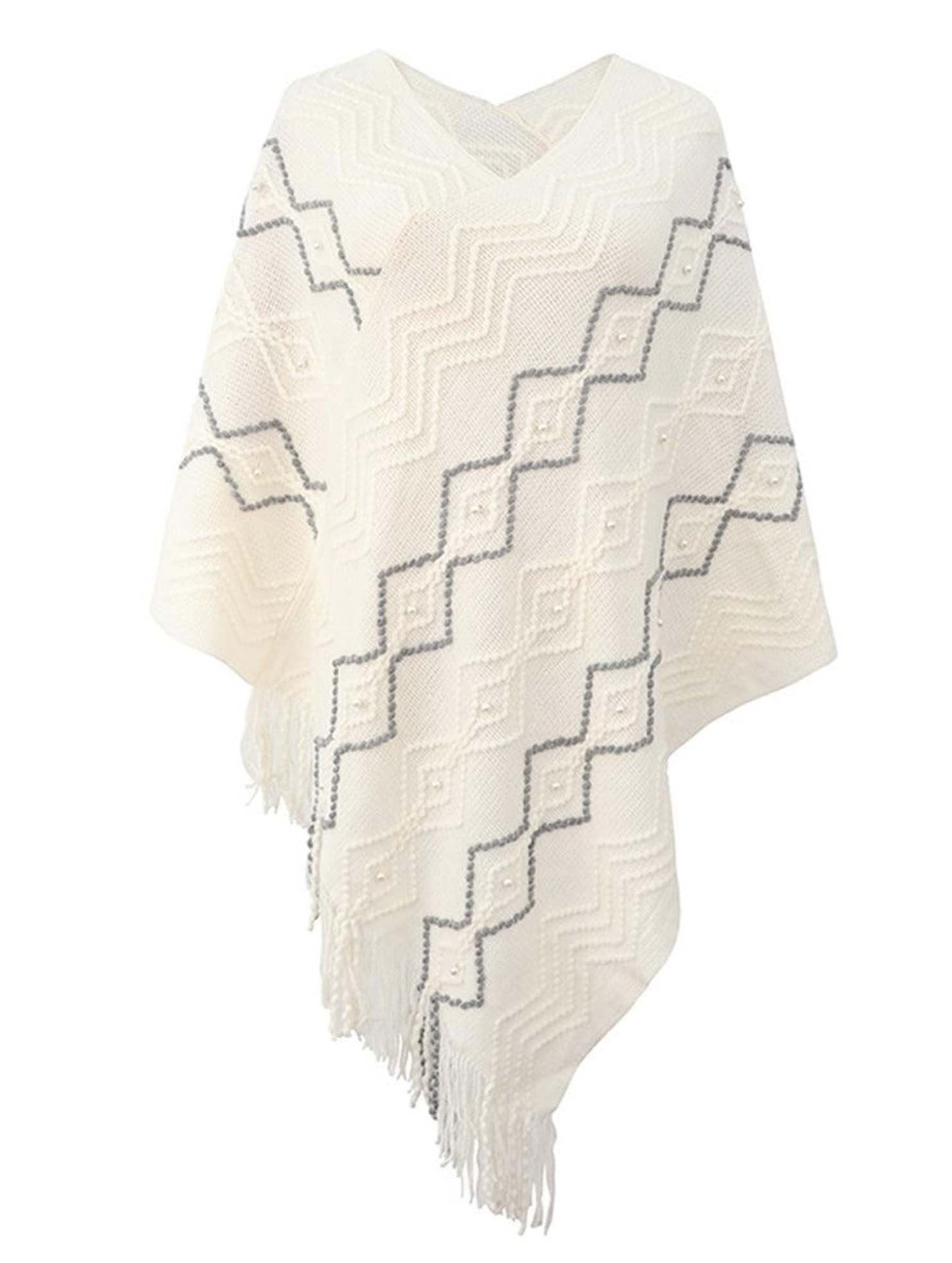 WAVE STRIPED CLOAK FRINGED SHAWL COAT - Doublju