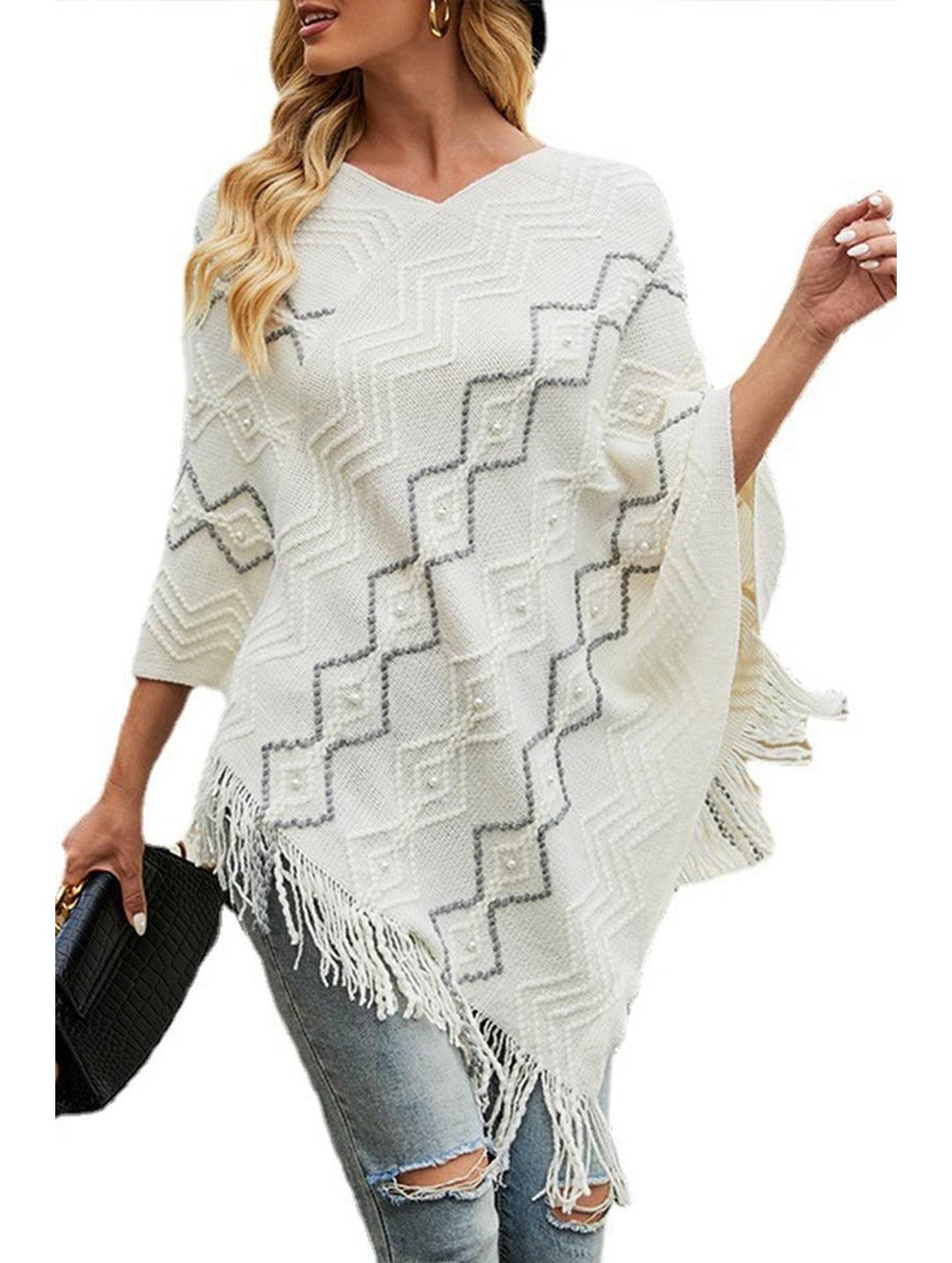WAVE STRIPED CLOAK FRINGED SHAWL COAT - Doublju