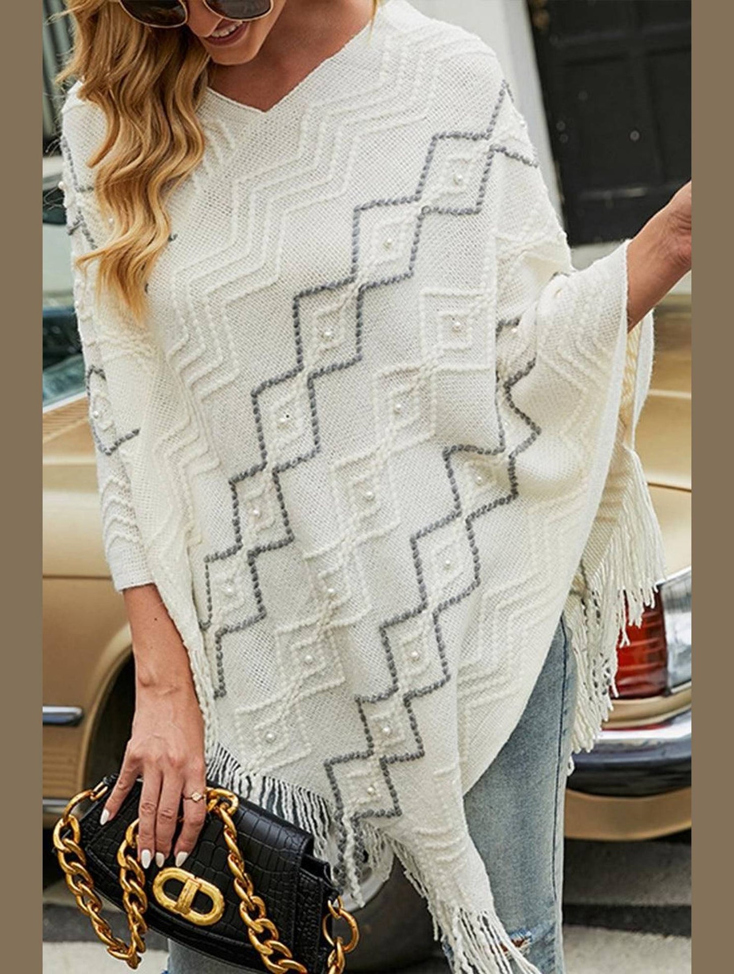 WAVE STRIPED CLOAK FRINGED SHAWL COAT - Doublju