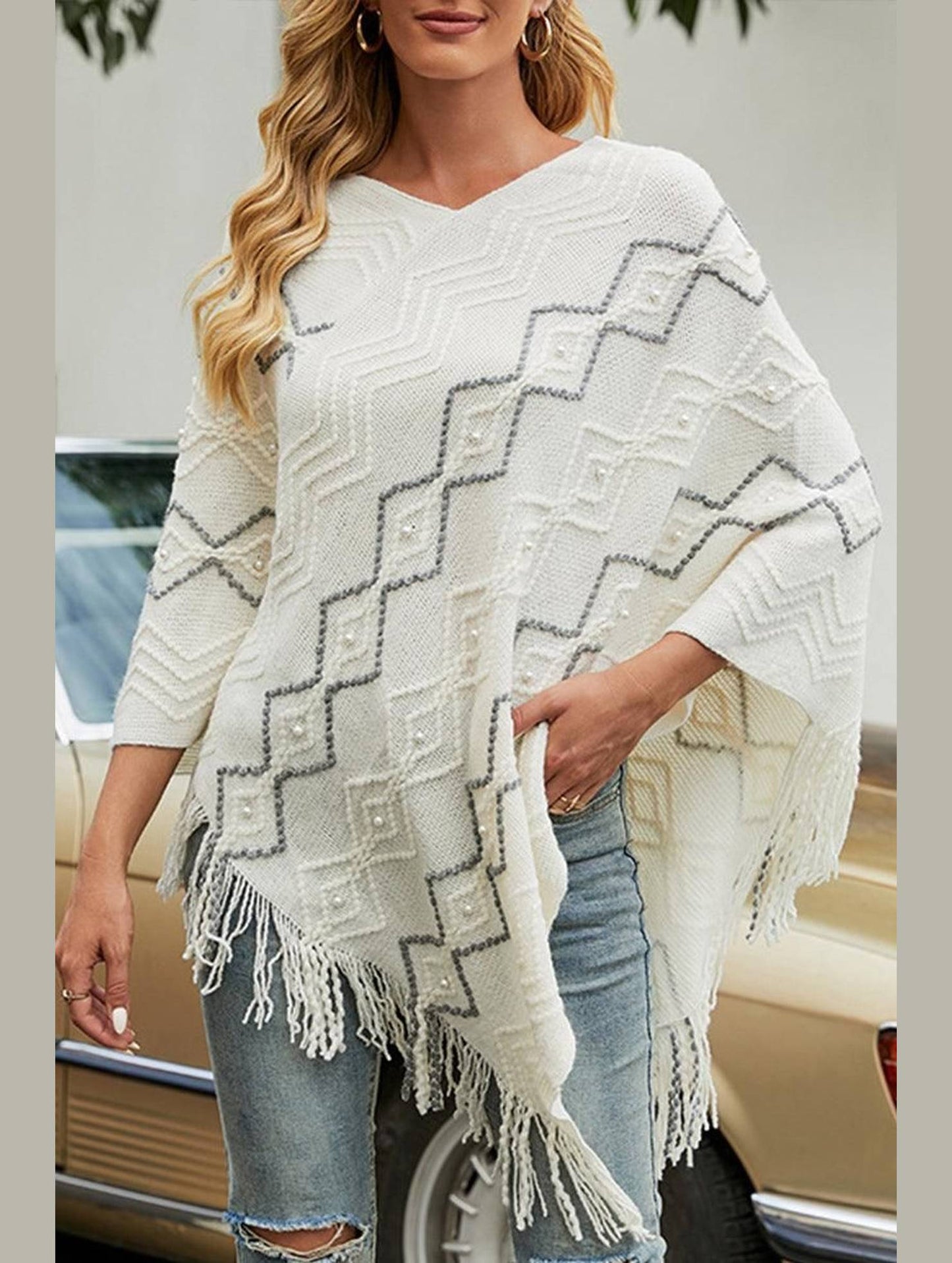 WAVE STRIPED CLOAK FRINGED SHAWL COAT - Doublju