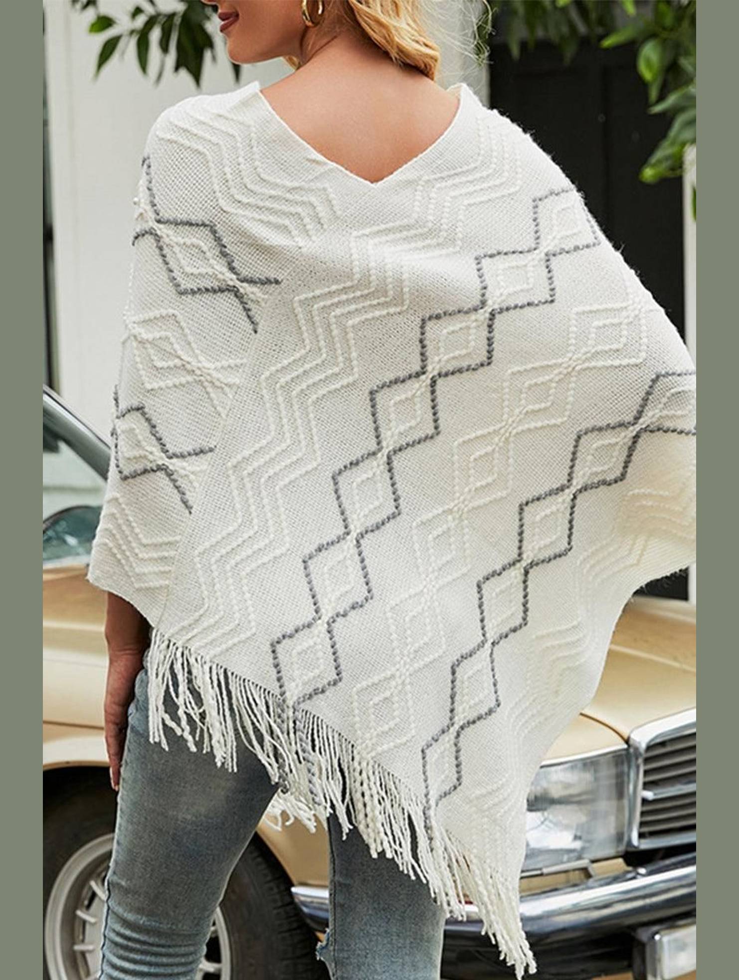 WAVE STRIPED CLOAK FRINGED SHAWL COAT - Doublju