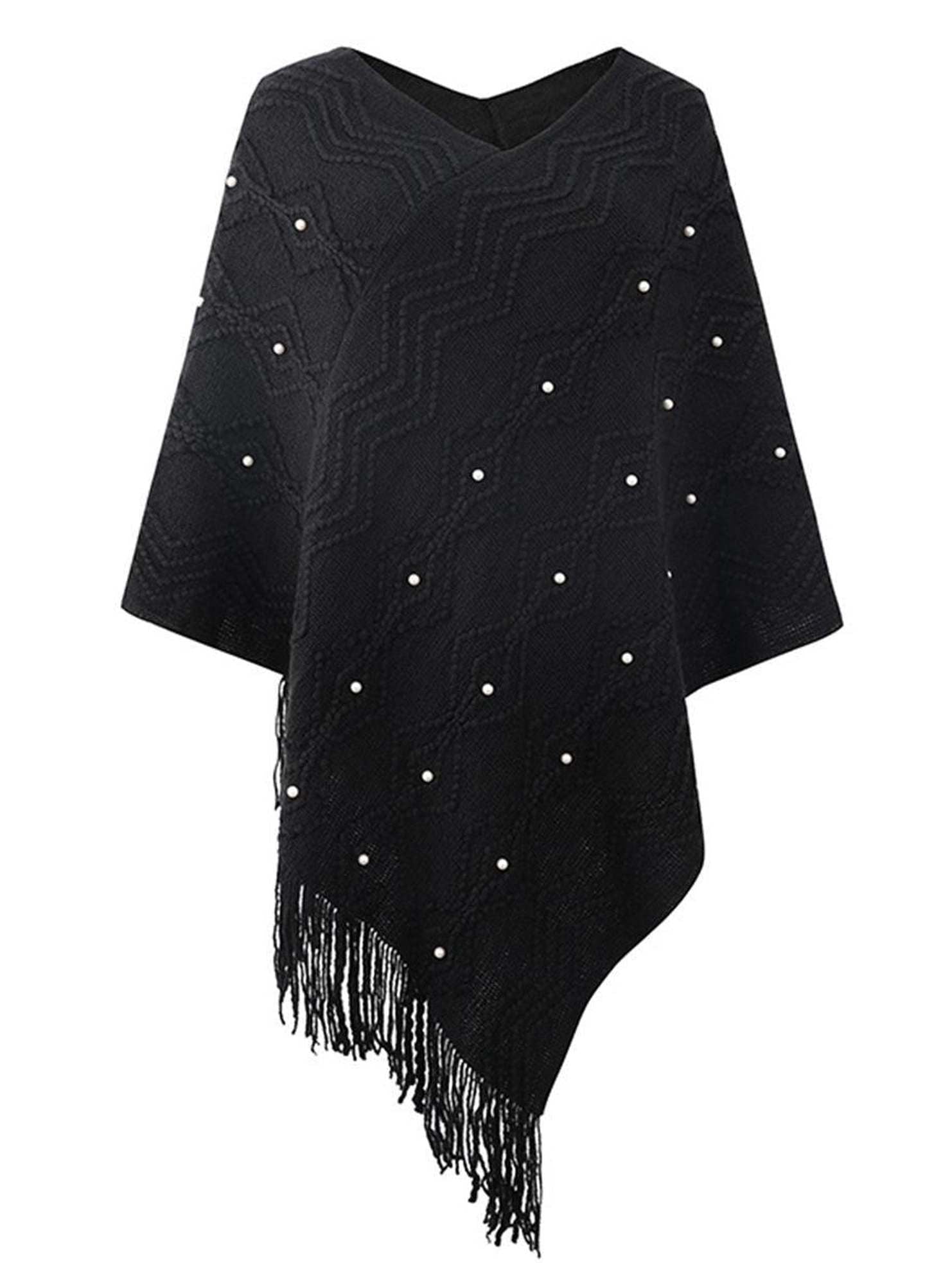 WAVE STRIPED CLOAK FRINGED SHAWL COAT - Doublju