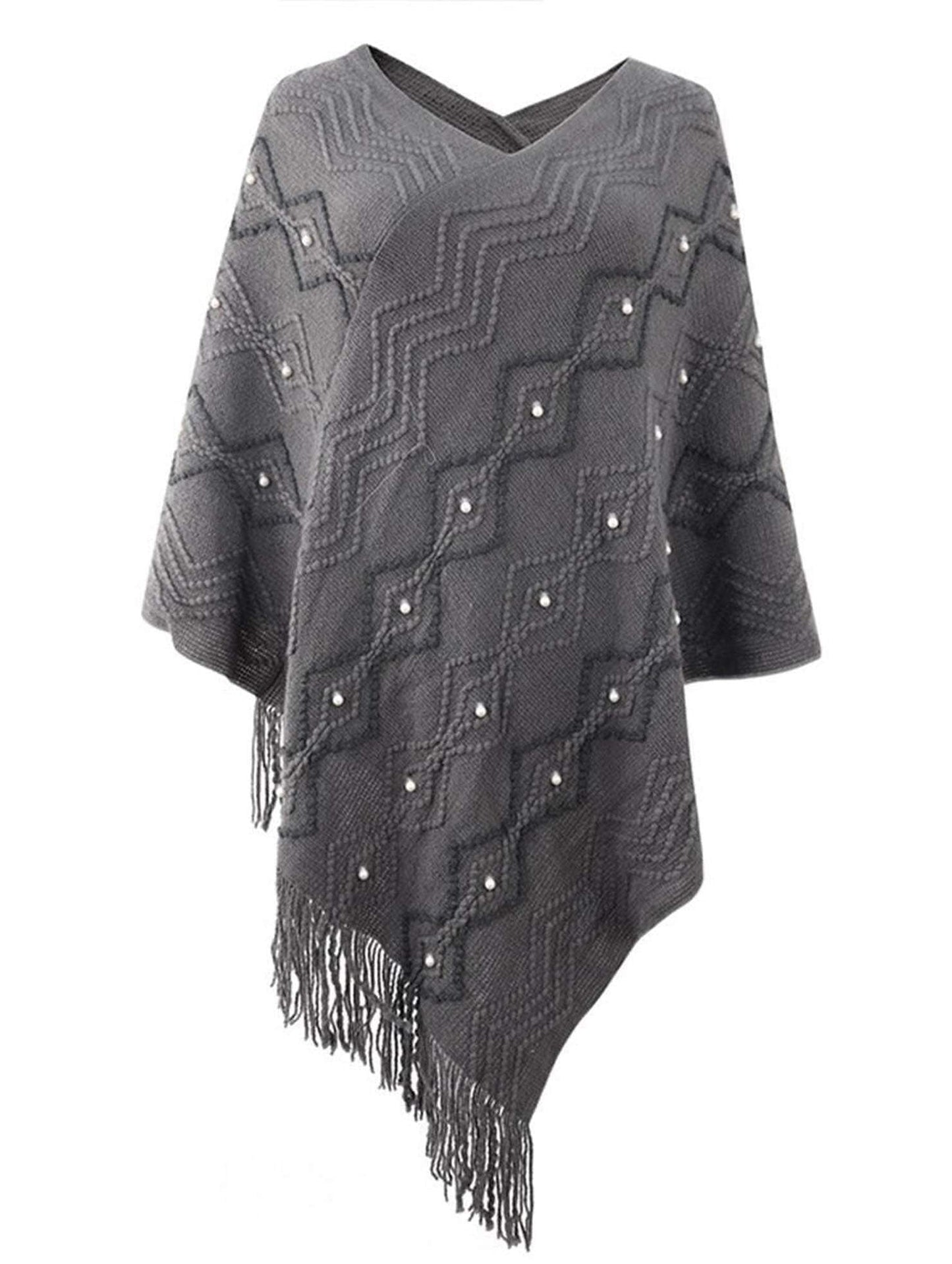 WAVE STRIPED CLOAK FRINGED SHAWL COAT - Doublju
