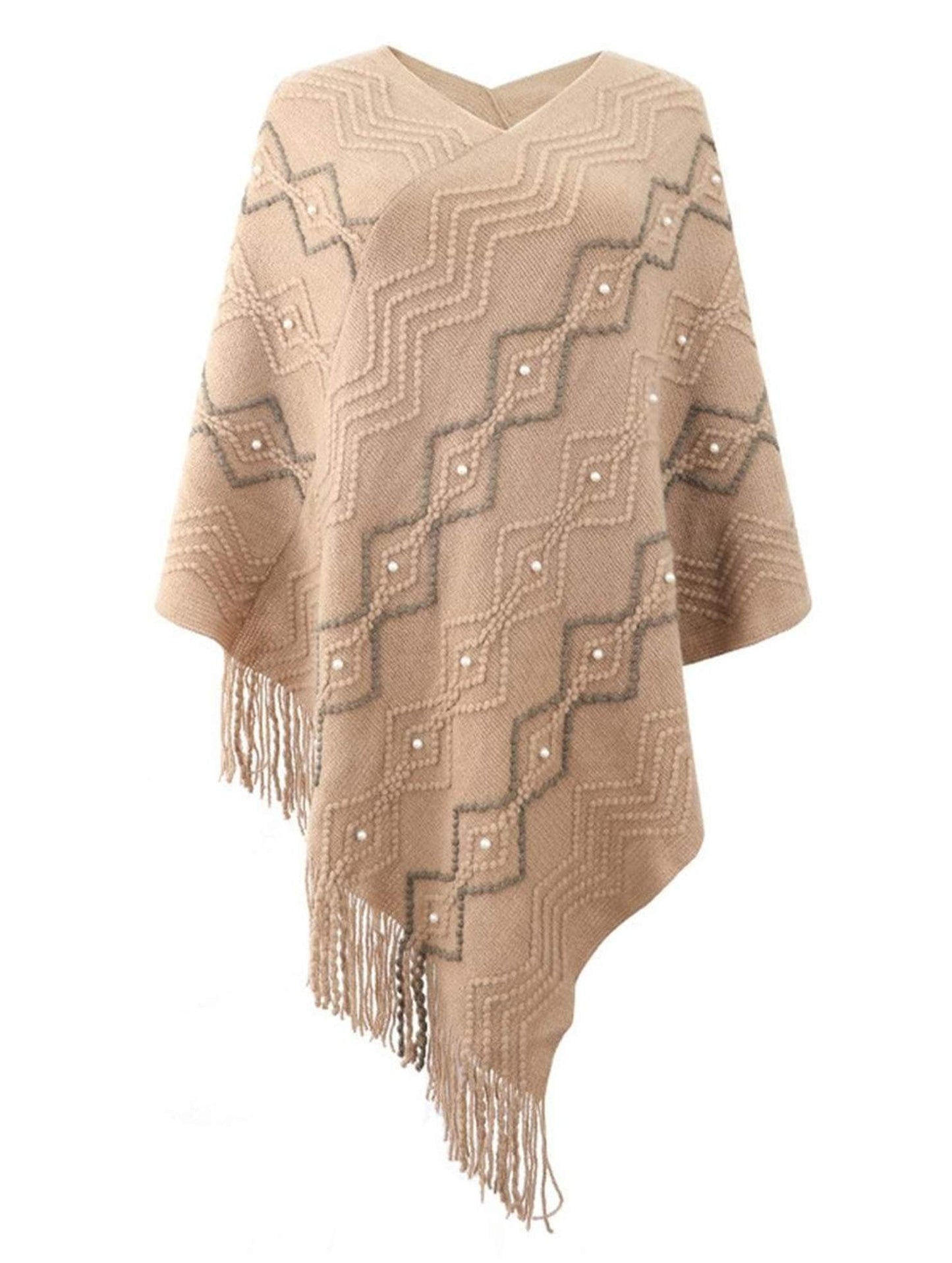 WAVE STRIPED CLOAK FRINGED SHAWL COAT - Doublju