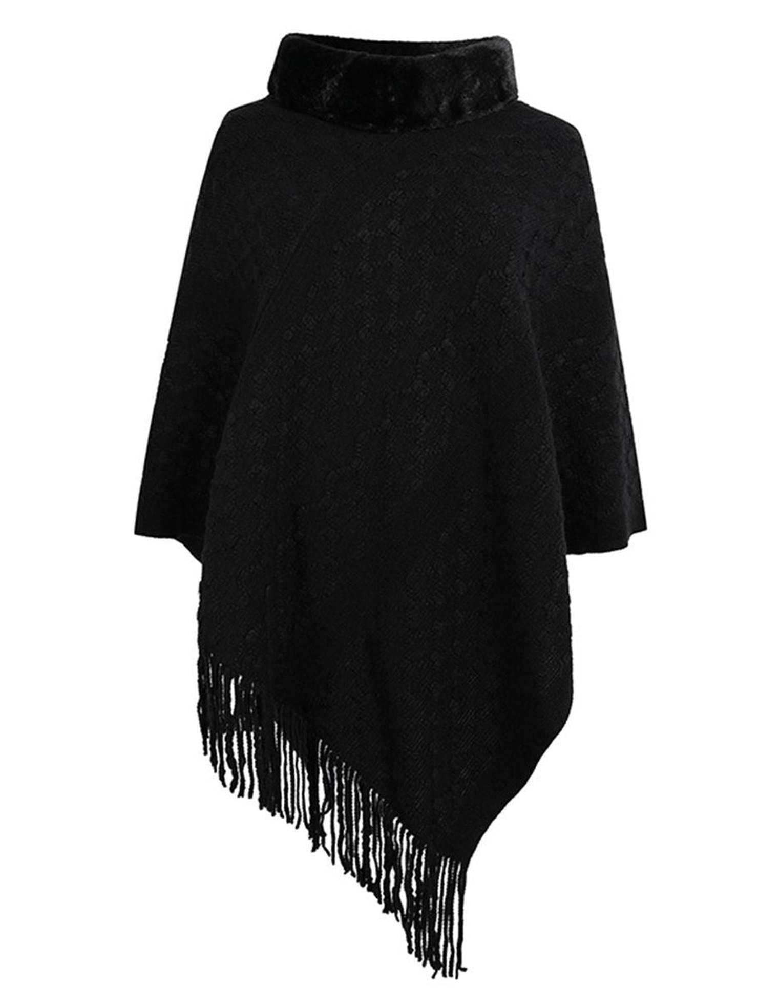FEMALE FUR COLLAR TASSEL HEM COAT SHAWL - Doublju